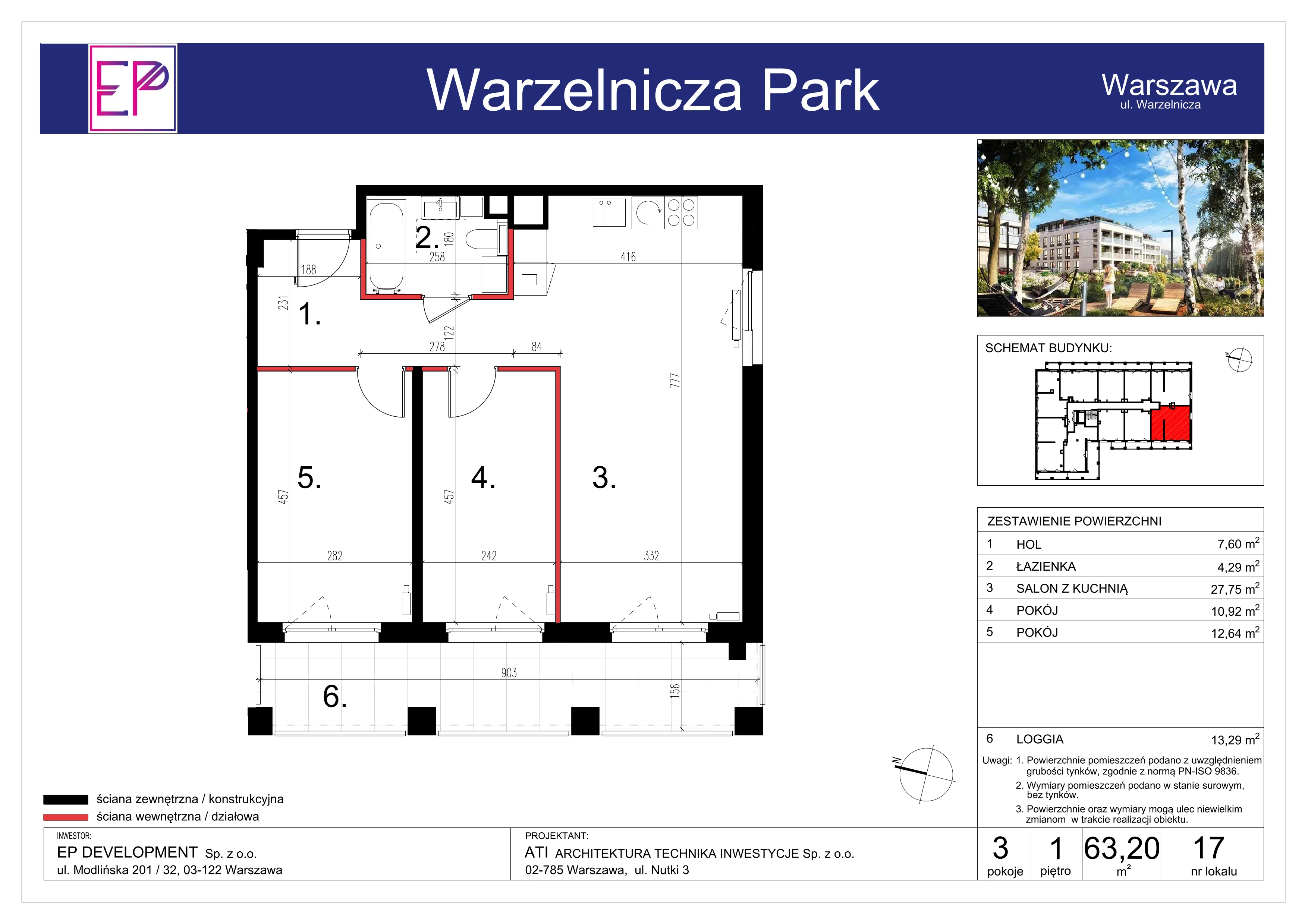 3 pokoje, mieszkanie 63,20 m², piętro 1, oferta nr WP-17, Warzelnicza Park, Warszawa, Białołęka, Brzeziny, ul. Warzelnicza