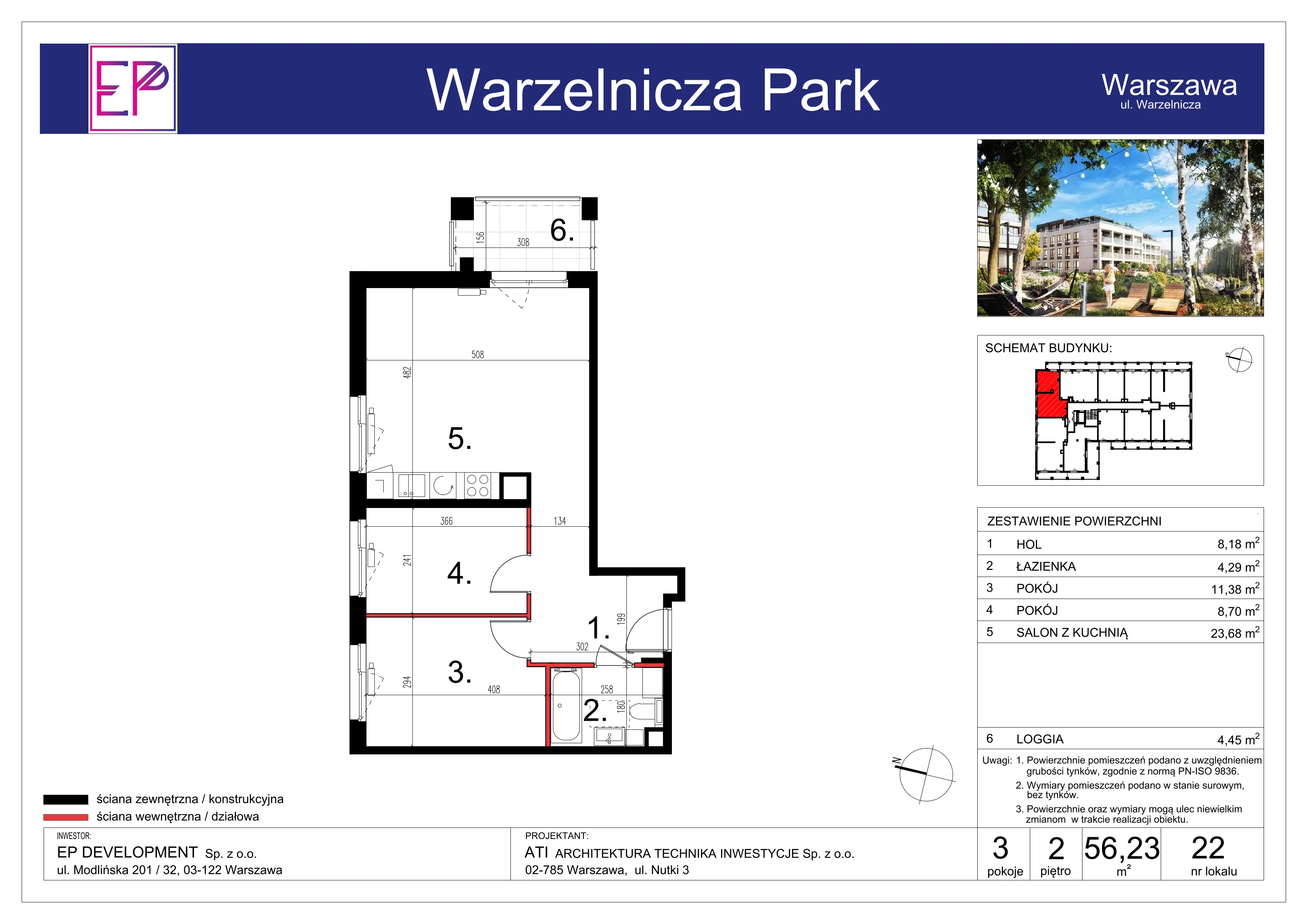 3 pokoje, mieszkanie 56,23 m², piętro 2, oferta nr WP-22, Warzelnicza Park, Warszawa, Białołęka, Brzeziny, ul. Warzelnicza
