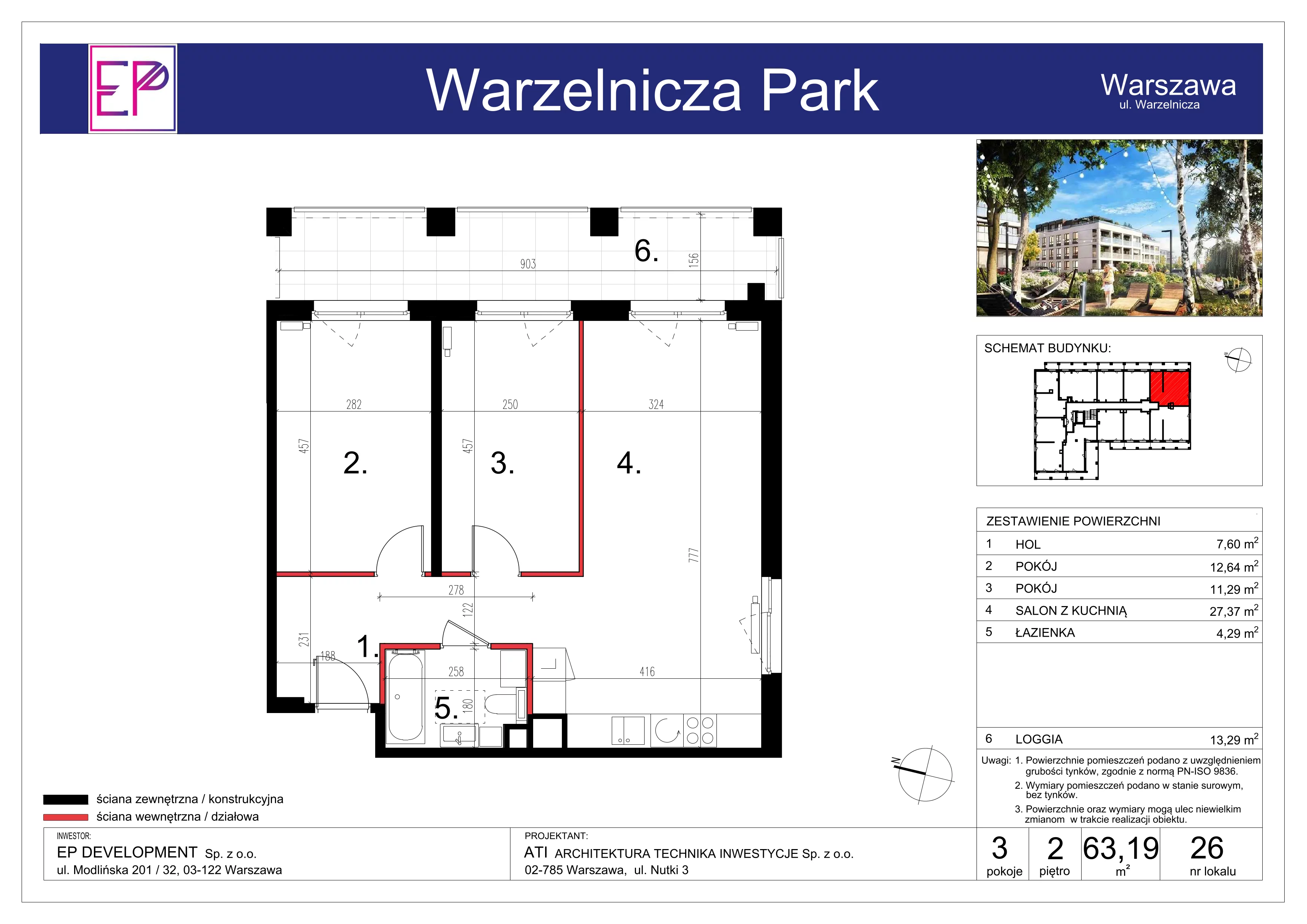 3 pokoje, mieszkanie 63,19 m², piętro 2, oferta nr WP-26, Warzelnicza Park, Warszawa, Białołęka, Brzeziny, ul. Warzelnicza