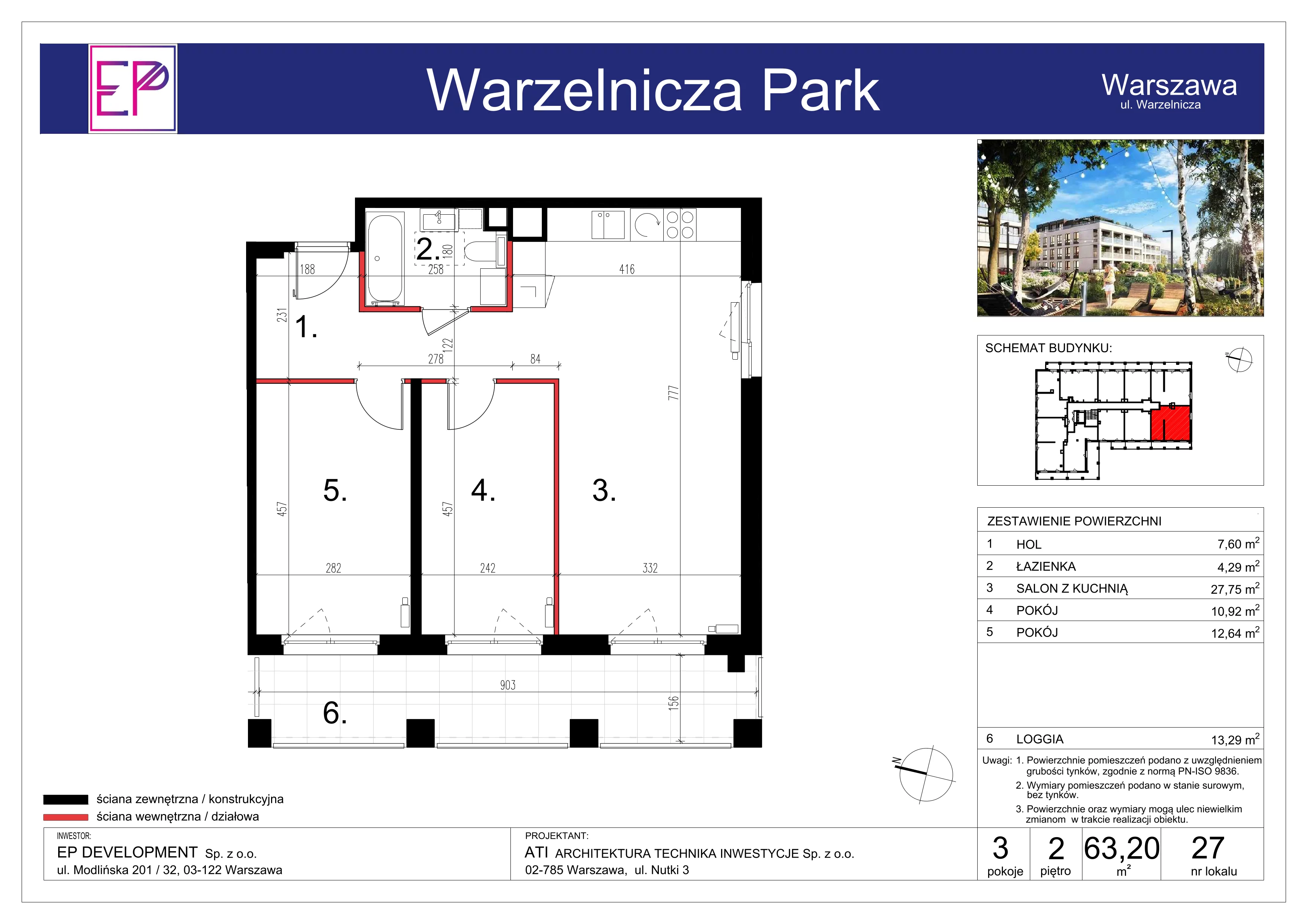 3 pokoje, mieszkanie 63,20 m², piętro 2, oferta nr WP-27, Warzelnicza Park, Warszawa, Białołęka, Brzeziny, ul. Warzelnicza