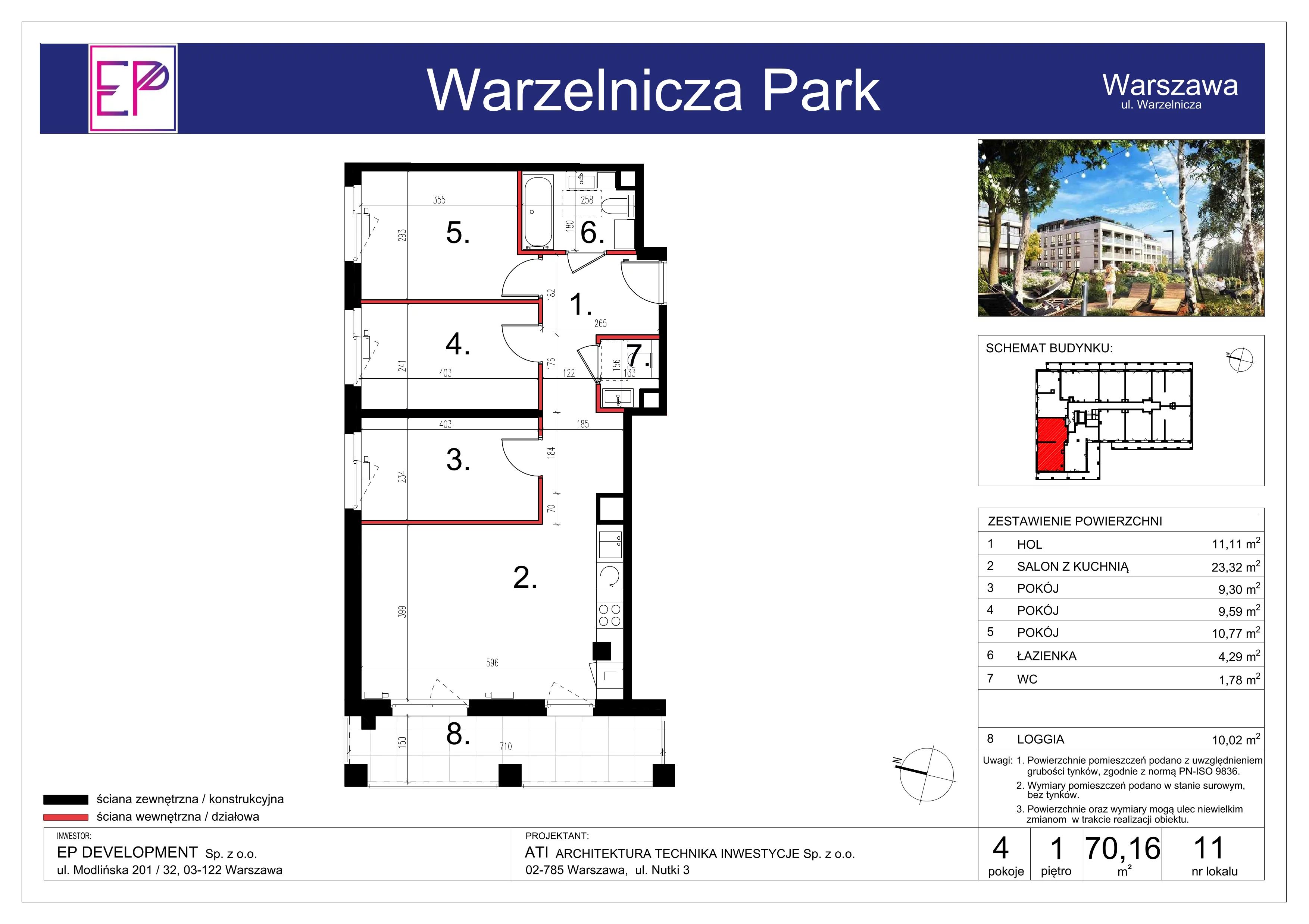 4 pokoje, mieszkanie 70,16 m², piętro 1, oferta nr WP-11, Warzelnicza Park, Warszawa, Białołęka, Brzeziny, ul. Warzelnicza