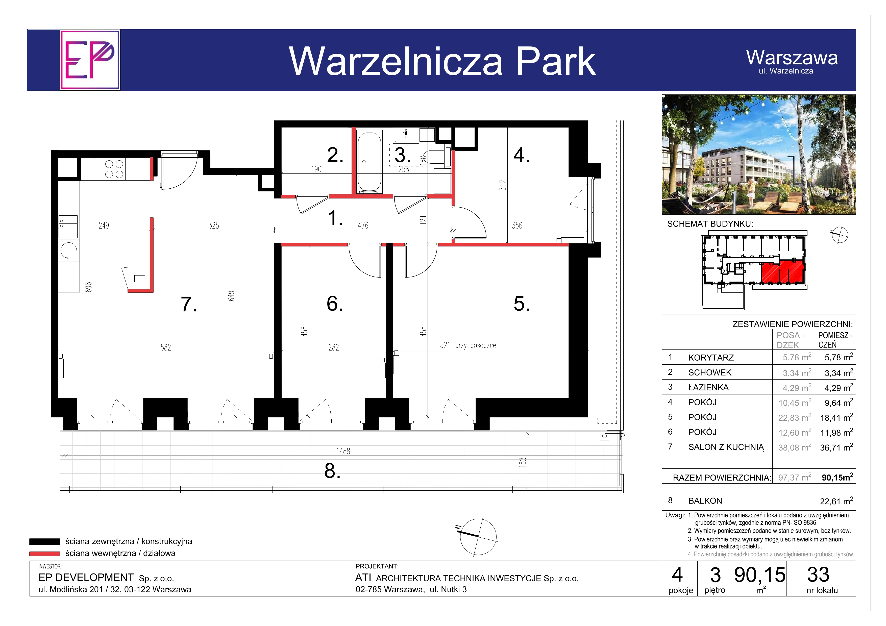 4 pokoje, mieszkanie 90,15 m², piętro 3, oferta nr WP-33, Warzelnicza Park, Warszawa, Białołęka, Brzeziny, ul. Warzelnicza