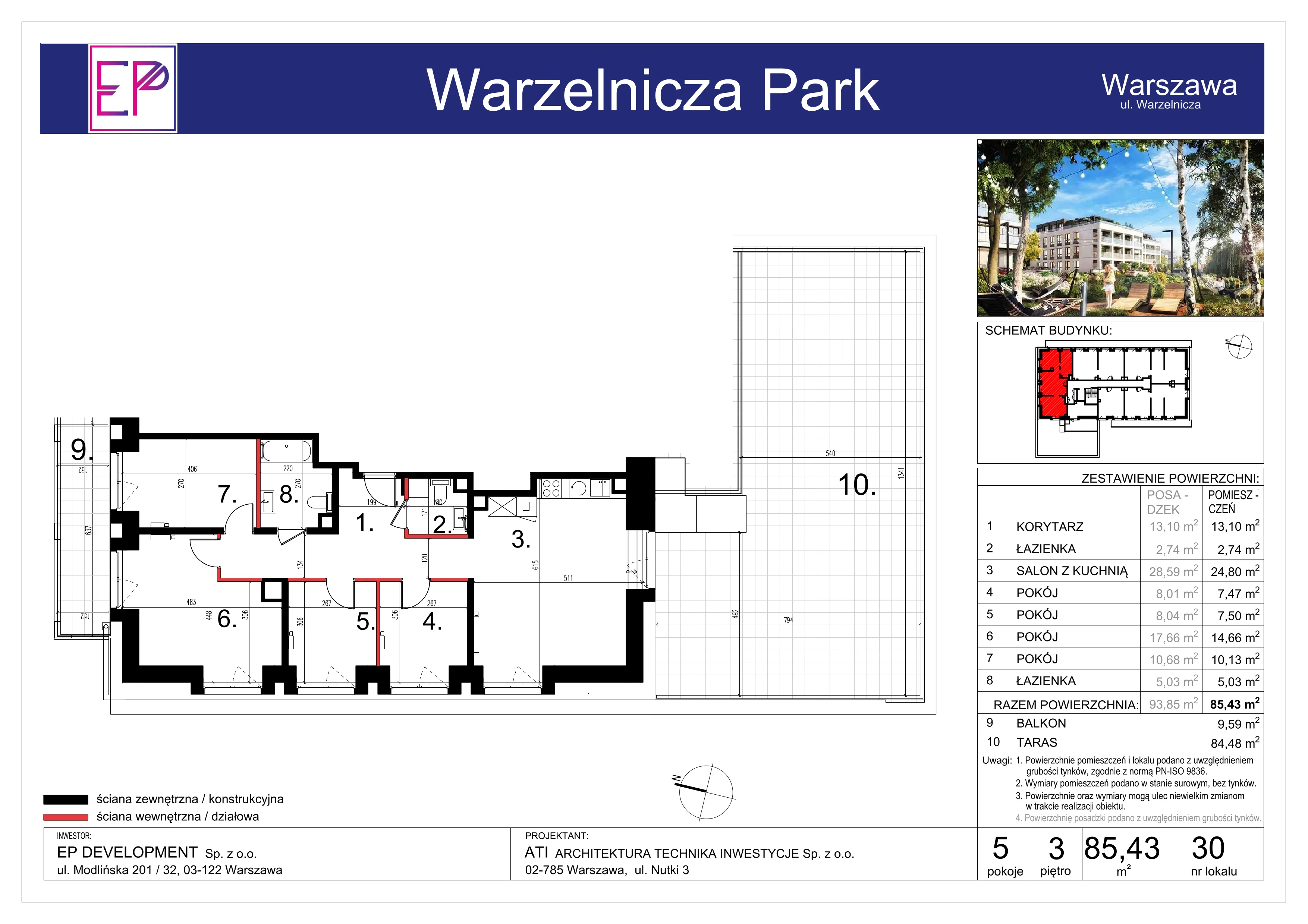 5 pokoi, mieszkanie 85,43 m², piętro 3, oferta nr WP-30, Warzelnicza Park, Warszawa, Białołęka, Brzeziny, ul. Warzelnicza