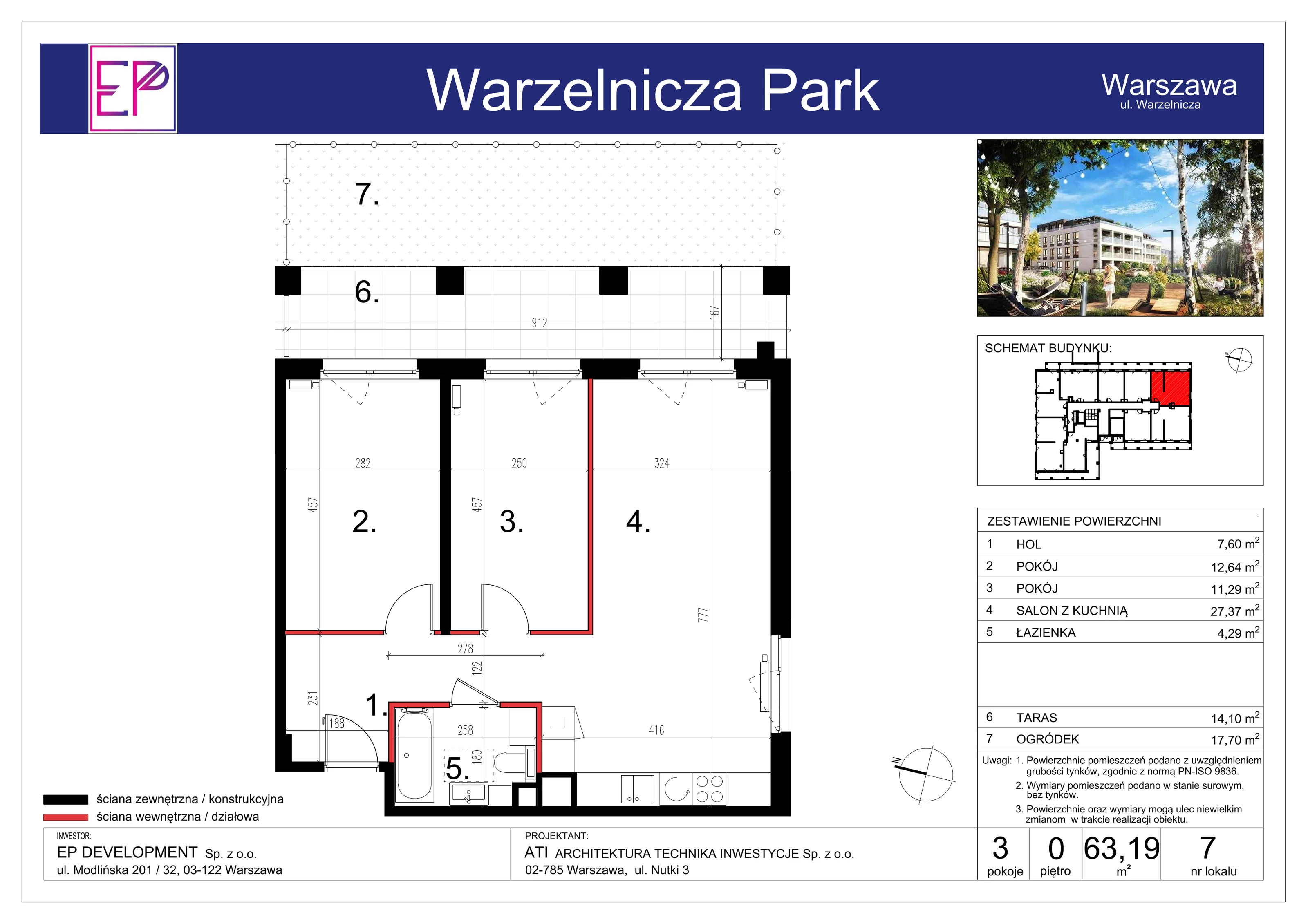 3 pokoje, mieszkanie 63,19 m², parter, oferta nr WP-7, Warzelnicza Park, Warszawa, Białołęka, Brzeziny, ul. Warzelnicza