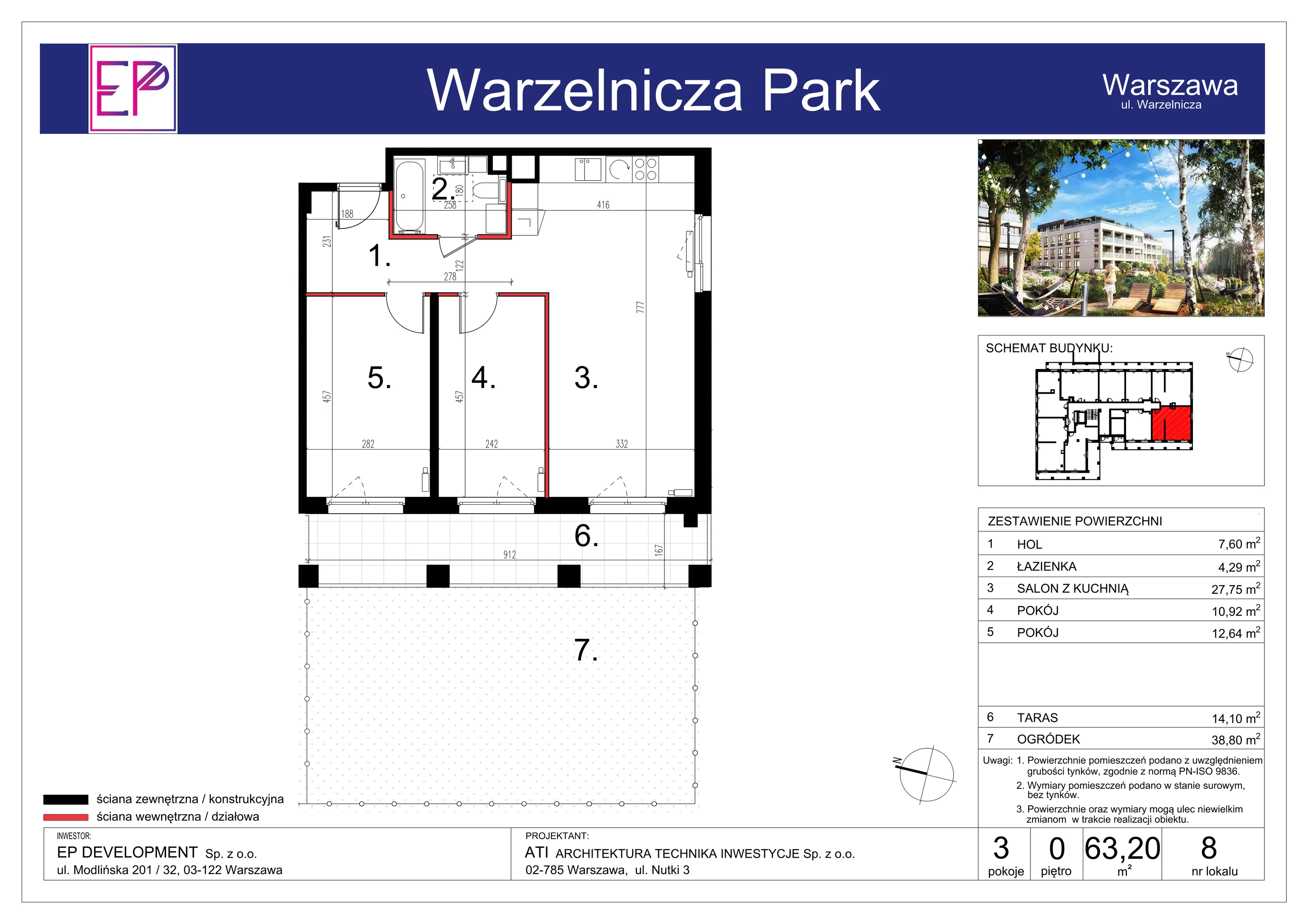3 pokoje, mieszkanie 63,20 m², parter, oferta nr WP-8, Warzelnicza Park, Warszawa, Białołęka, Brzeziny, ul. Warzelnicza