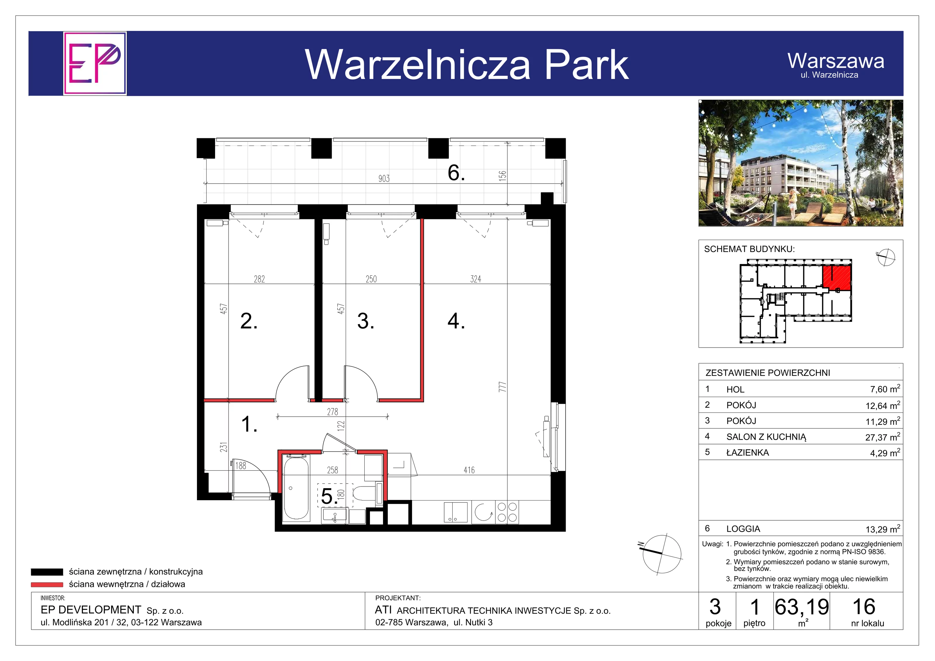 3 pokoje, mieszkanie 63,19 m², piętro 1, oferta nr WP-16, Warzelnicza Park, Warszawa, Białołęka, Brzeziny, ul. Warzelnicza