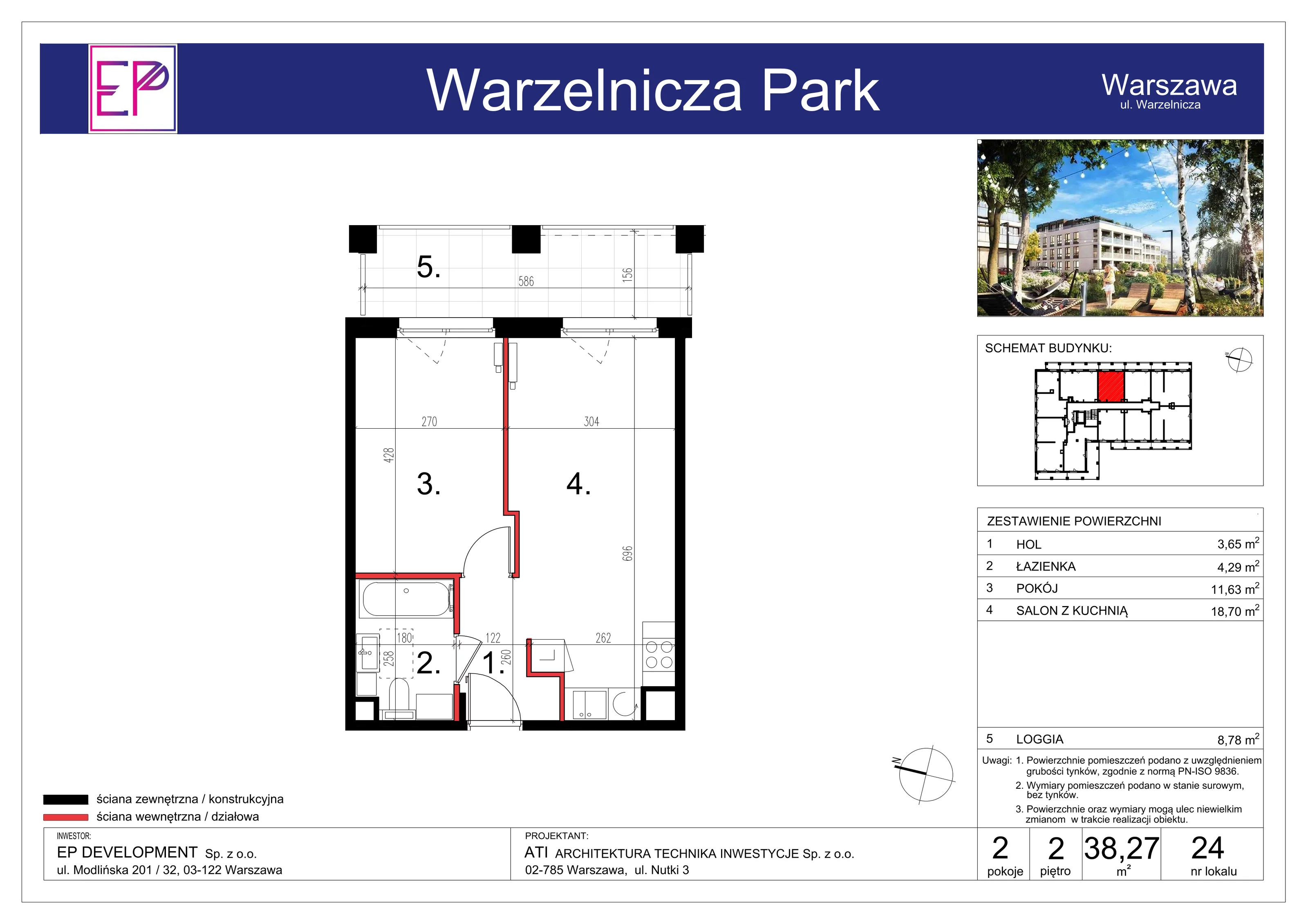 2 pokoje, mieszkanie 38,27 m², piętro 2, oferta nr WP-24, Warzelnicza Park, Warszawa, Białołęka, Brzeziny, ul. Warzelnicza