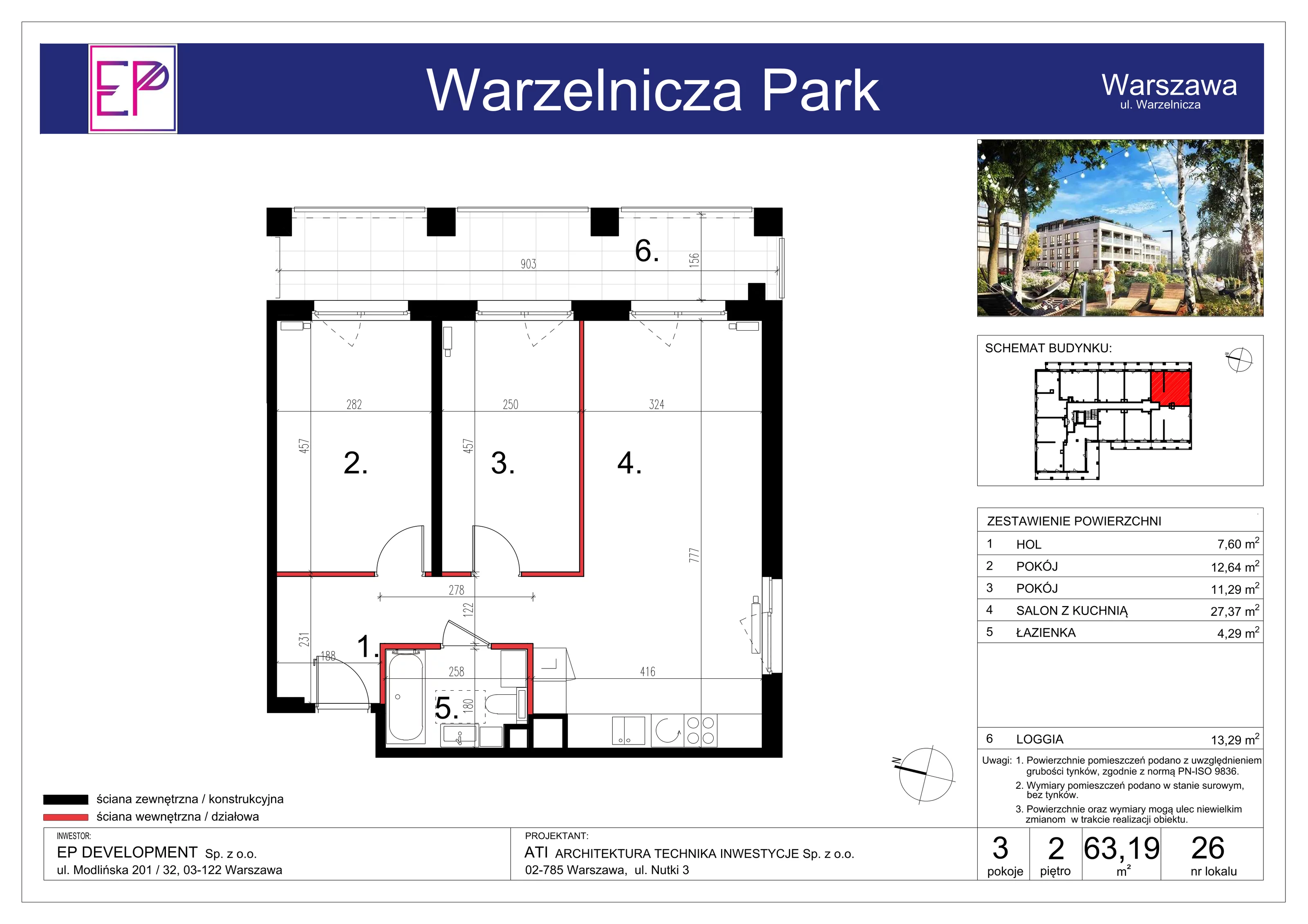 3 pokoje, mieszkanie 63,19 m², piętro 2, oferta nr WP-26, Warzelnicza Park, Warszawa, Białołęka, Brzeziny, ul. Warzelnicza