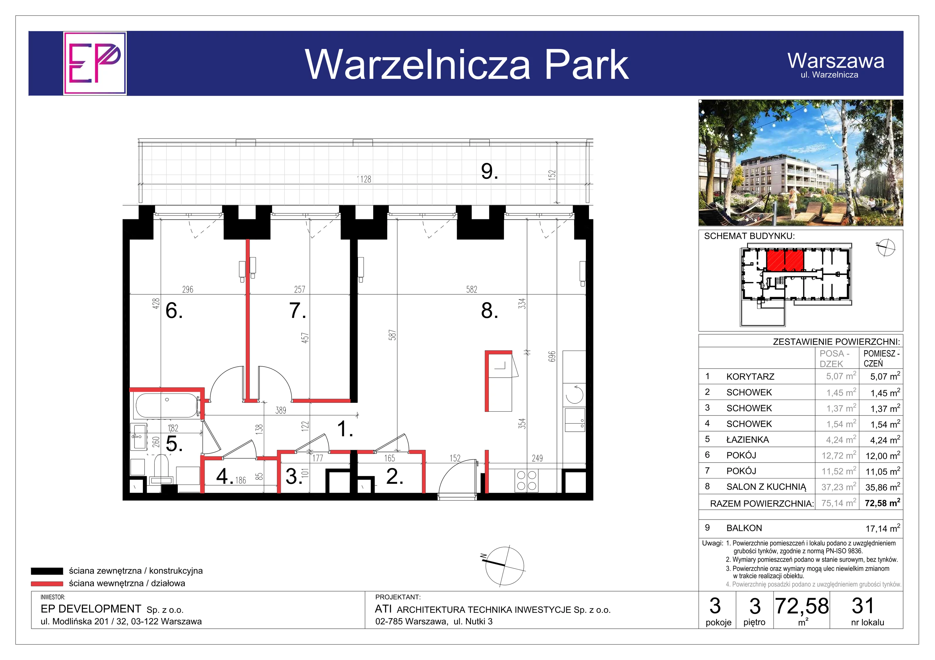 3 pokoje, mieszkanie 72,58 m², piętro 3, oferta nr WP-31, Warzelnicza Park, Warszawa, Białołęka, Brzeziny, ul. Warzelnicza