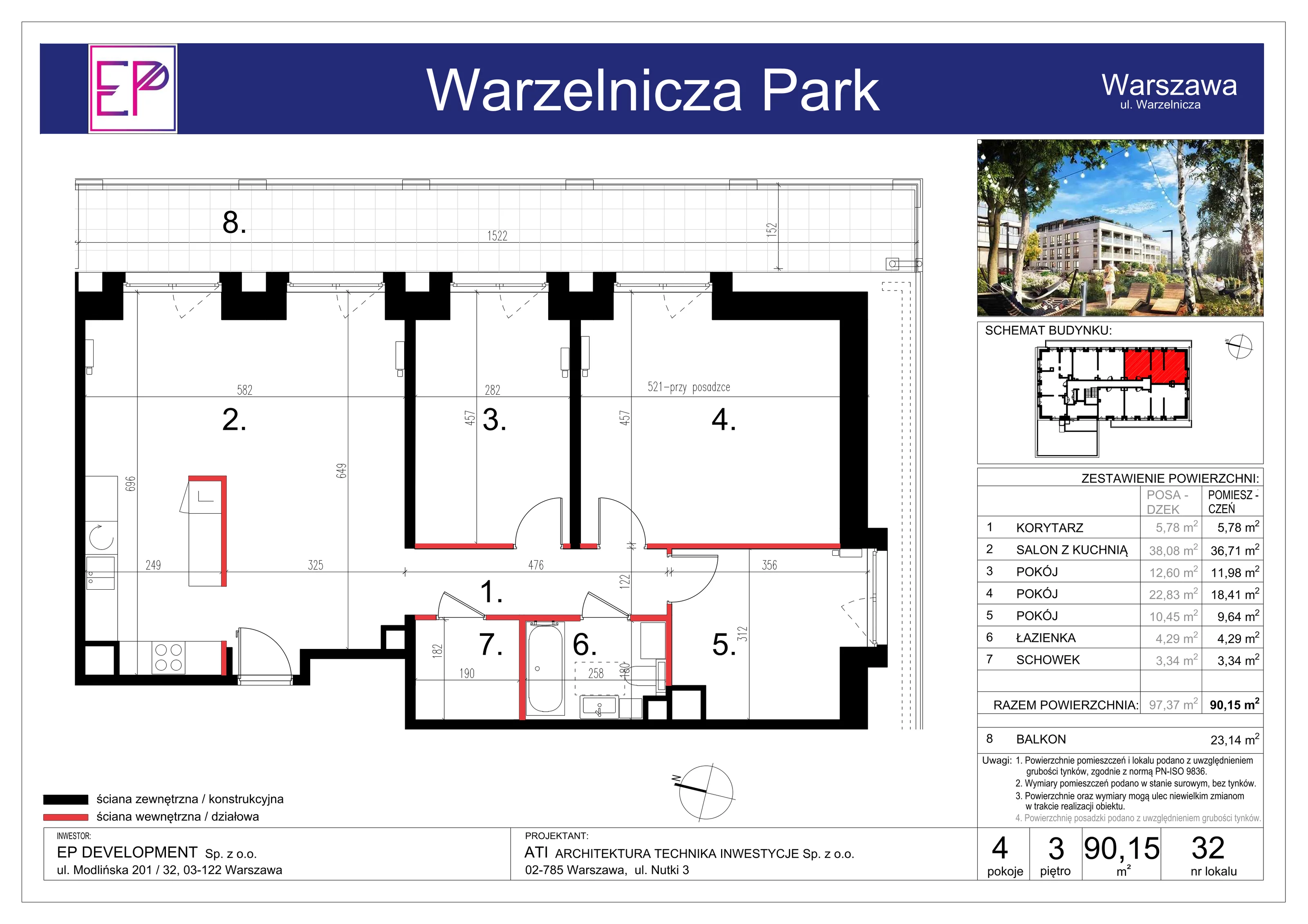4 pokoje, mieszkanie 90,15 m², piętro 3, oferta nr WP-32, Warzelnicza Park, Warszawa, Białołęka, Brzeziny, ul. Warzelnicza