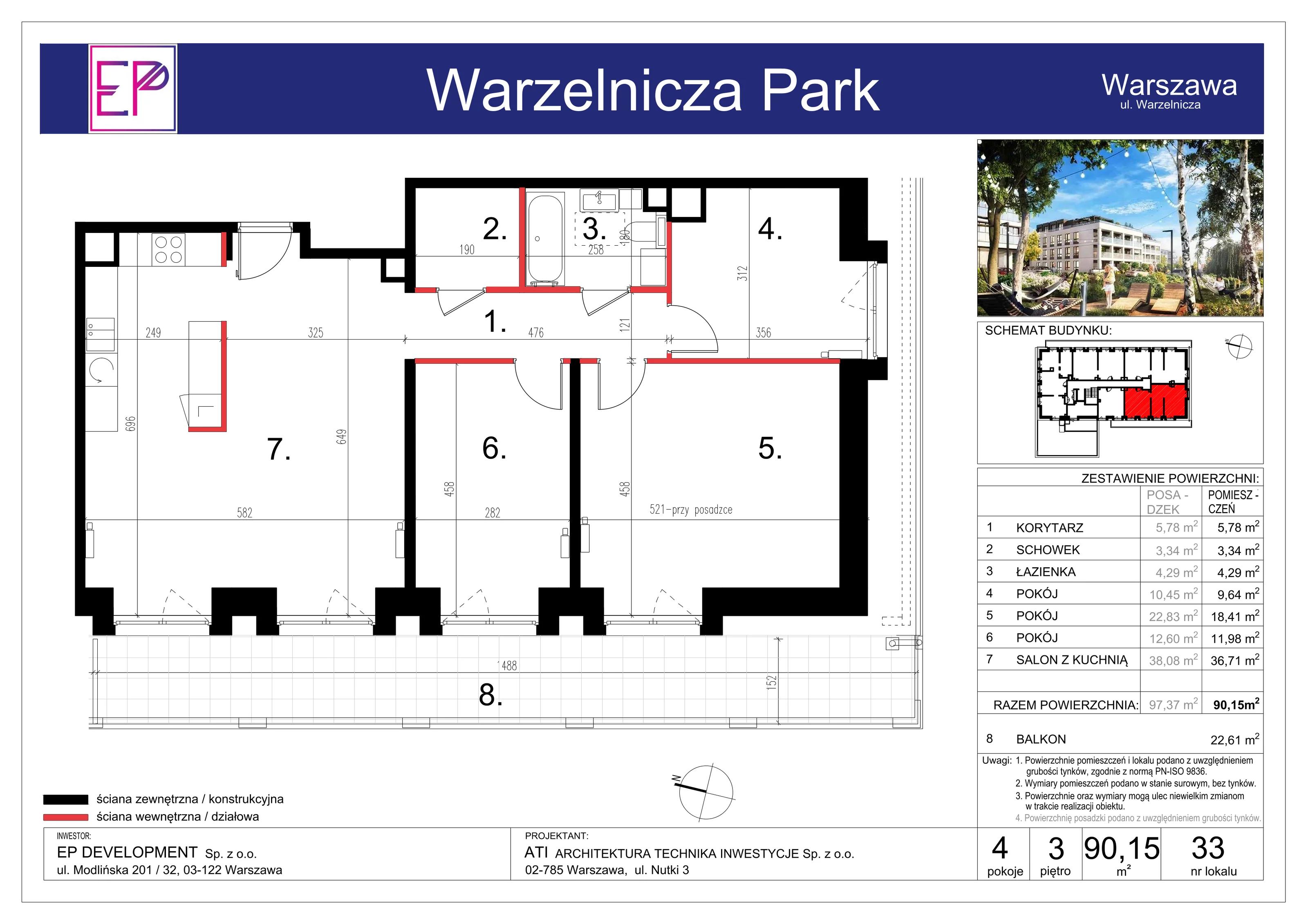 4 pokoje, mieszkanie 90,15 m², piętro 3, oferta nr WP-33, Warzelnicza Park, Warszawa, Białołęka, Brzeziny, ul. Warzelnicza