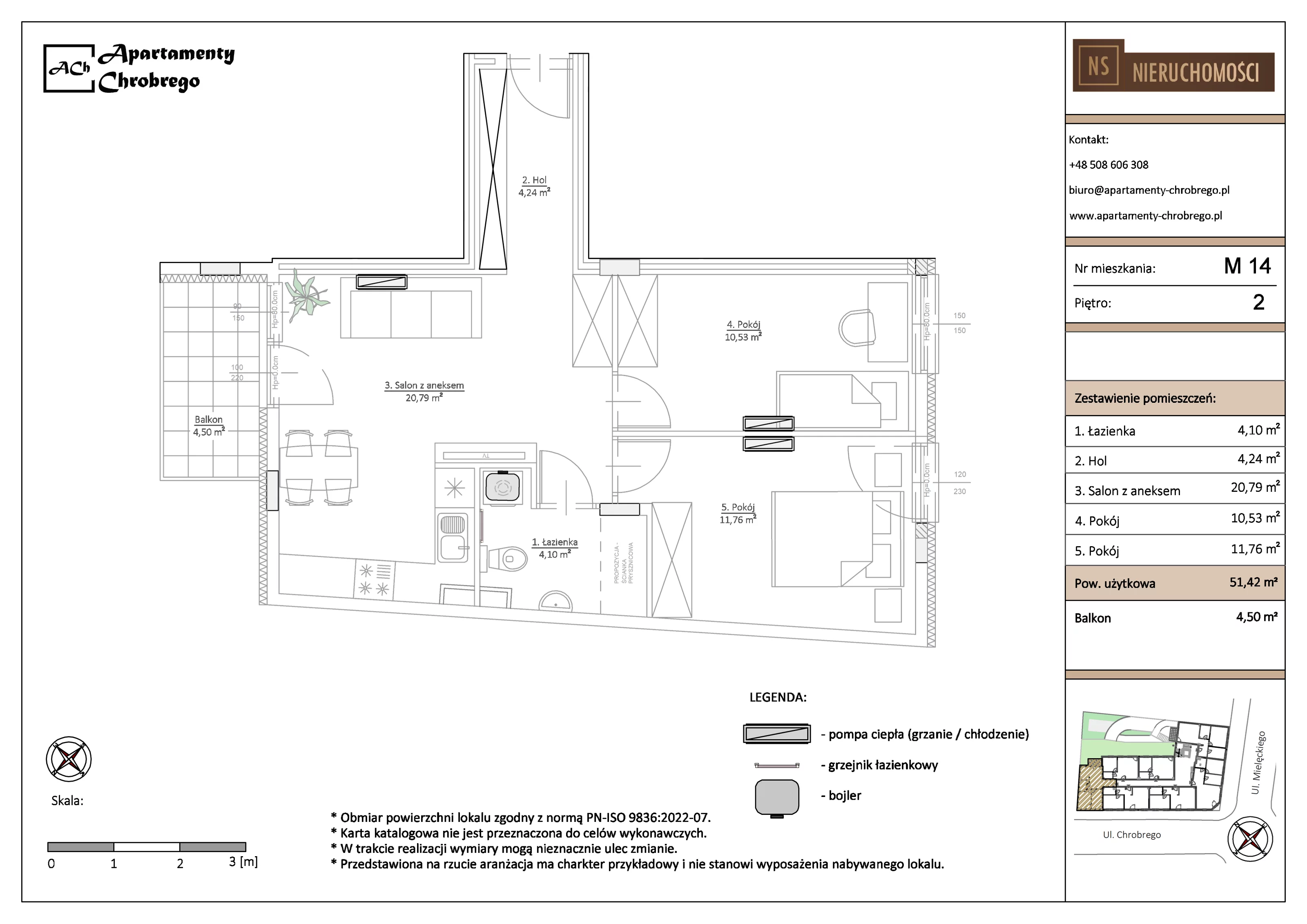 Apartament 51,42 m², piętro 2, oferta nr M14, Apartamenty Chrobrego, Chorzów, Centrum, ul. Mielęckiego 22