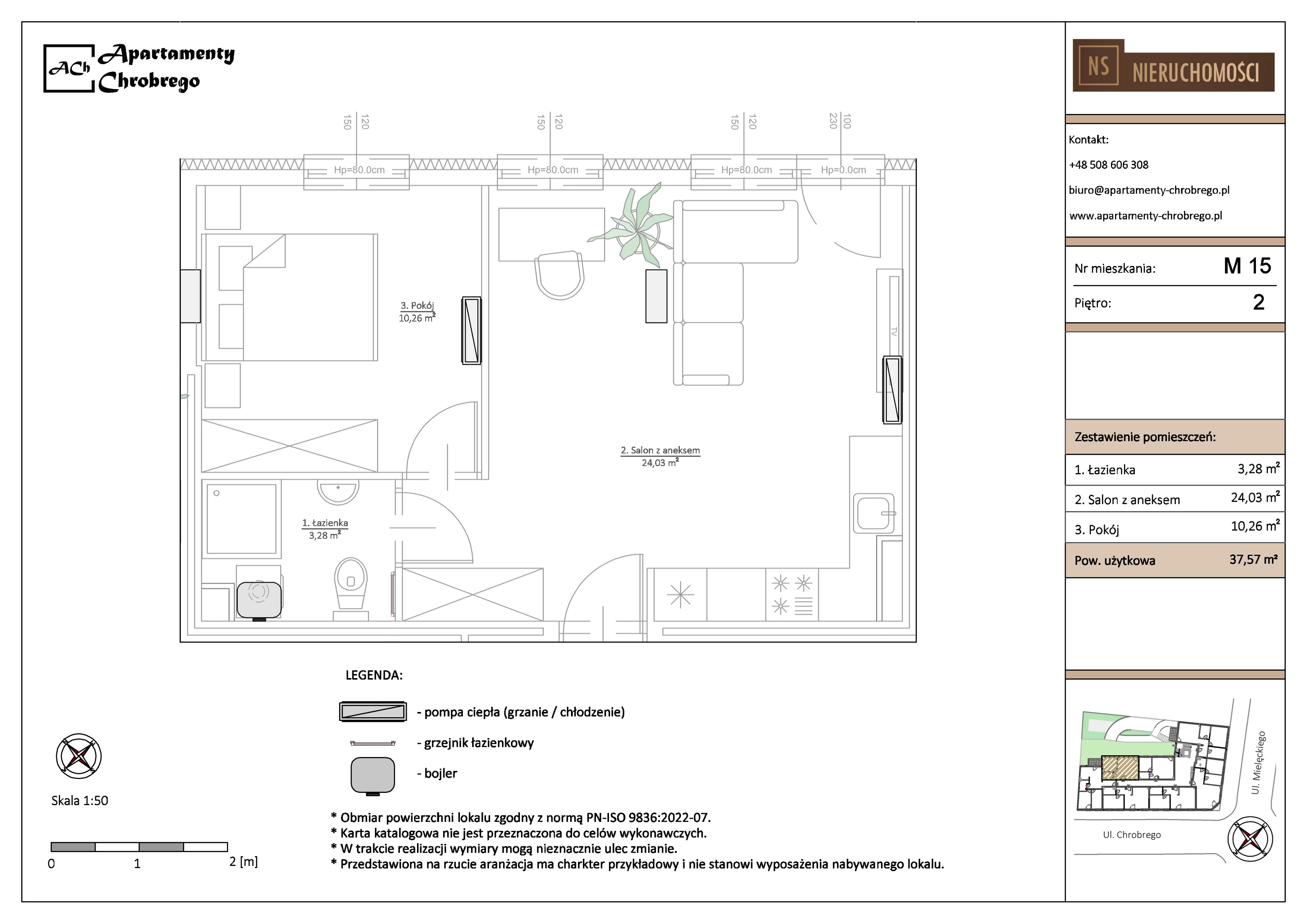 Apartament 37,57 m², piętro 2, oferta nr M15, Apartamenty Chrobrego, Chorzów, Centrum, ul. Mielęckiego 22