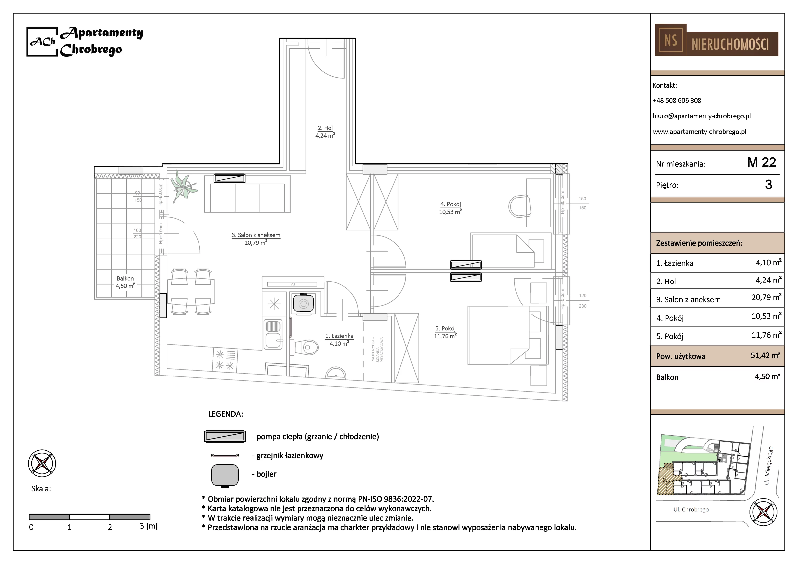 Apartament 51,42 m², piętro 3, oferta nr M22, Apartamenty Chrobrego, Chorzów, Centrum, ul. Mielęckiego 22