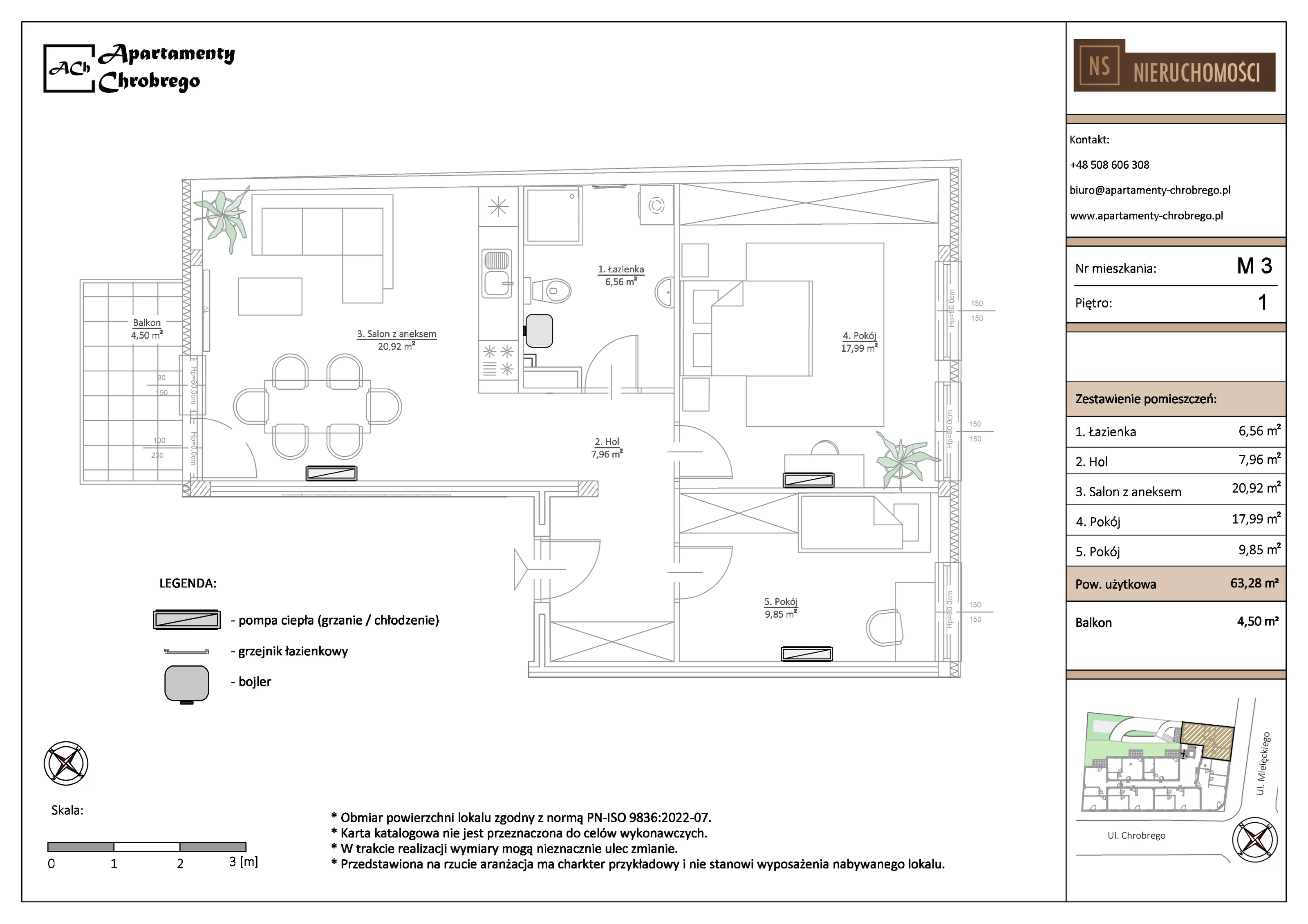 Apartament 63,28 m², piętro 1, oferta nr M3, Apartamenty Chrobrego, Chorzów, Centrum, ul. Mielęckiego 22