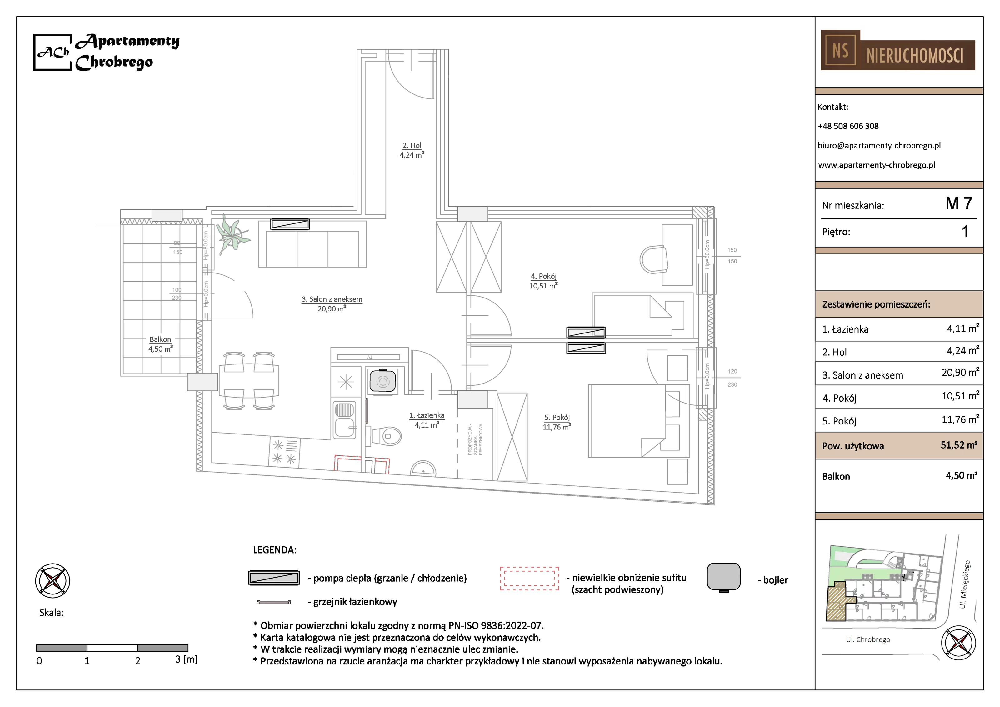 Apartament 51,52 m², piętro 1, oferta nr M7, Apartamenty Chrobrego, Chorzów, Centrum, ul. Mielęckiego 22