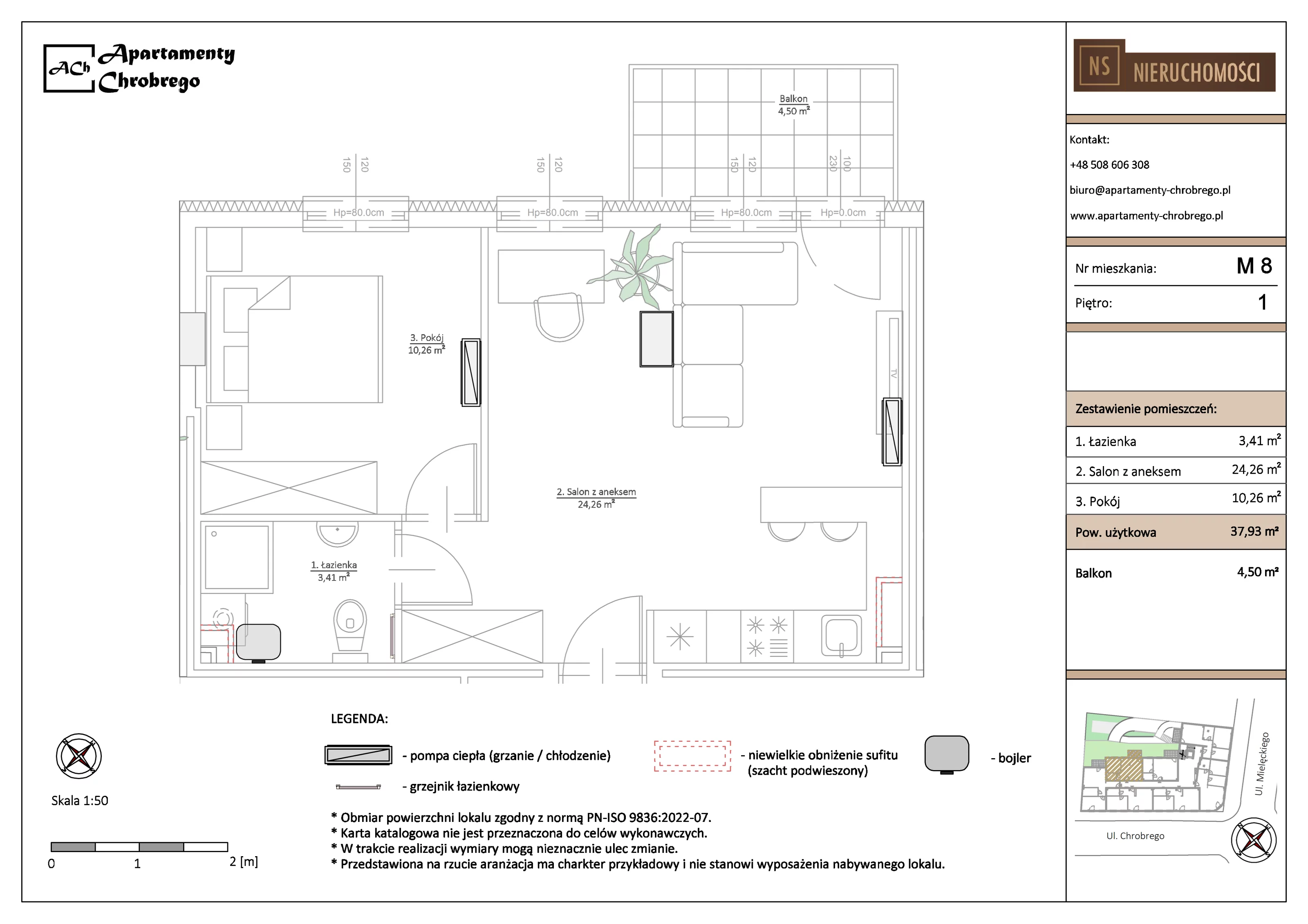 Apartament 37,93 m², piętro 1, oferta nr M8, Apartamenty Chrobrego, Chorzów, Centrum, ul. Mielęckiego 22