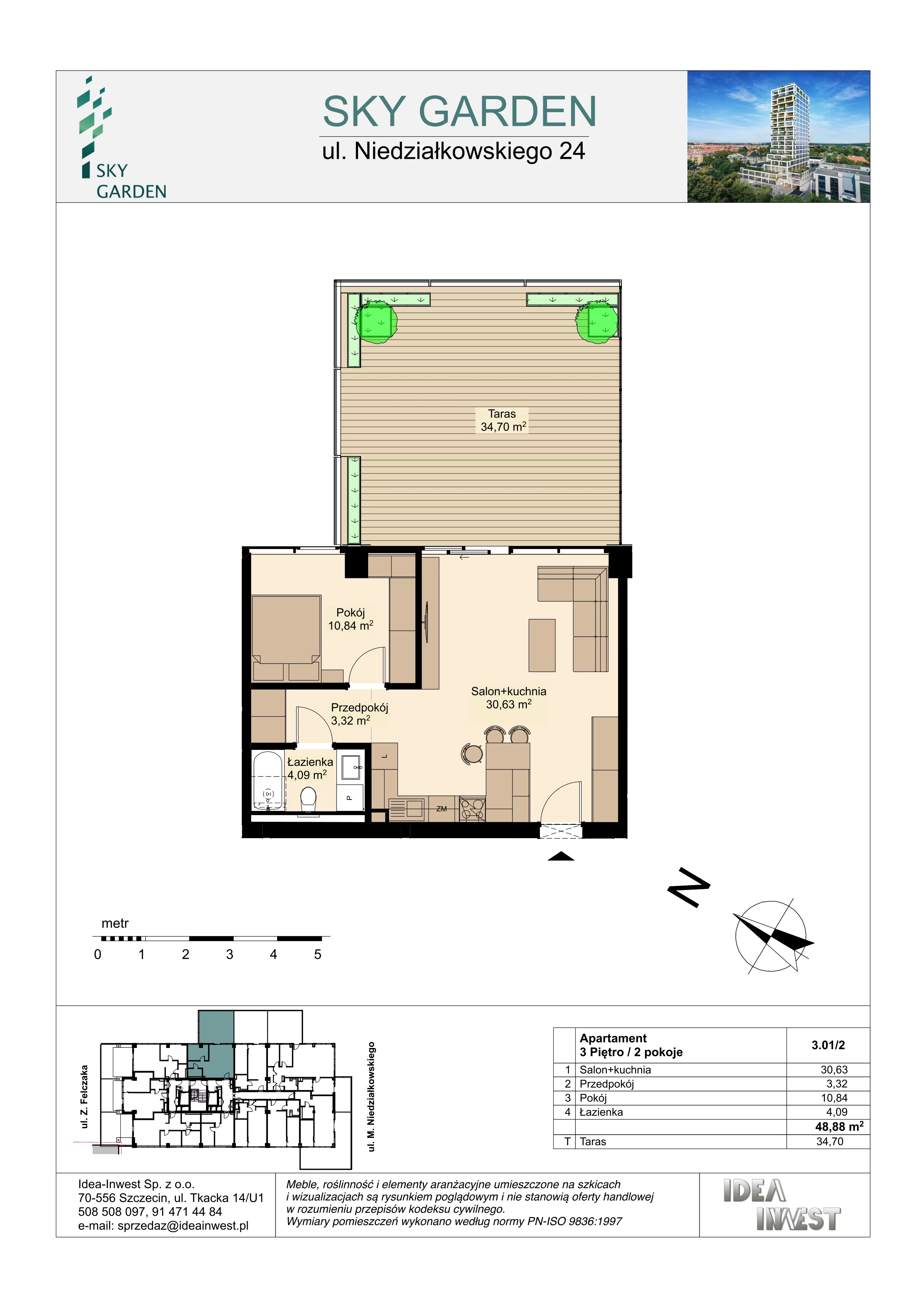 2 pokoje, mieszkanie 48,88 m², piętro 3, oferta nr 3.01/2, Sky Garden, Szczecin, Śródmieście, ul. Niedziałkowskiego 24