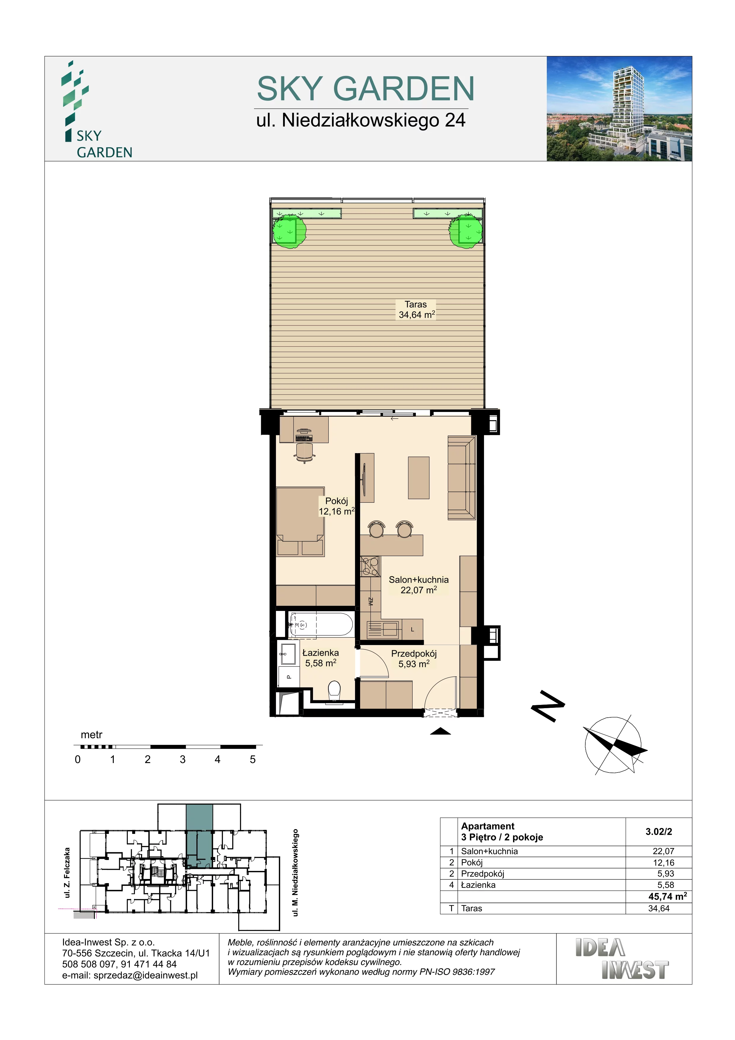 2 pokoje, mieszkanie 45,74 m², piętro 3, oferta nr 3.02/2, Sky Garden, Szczecin, Śródmieście, ul. Niedziałkowskiego 24