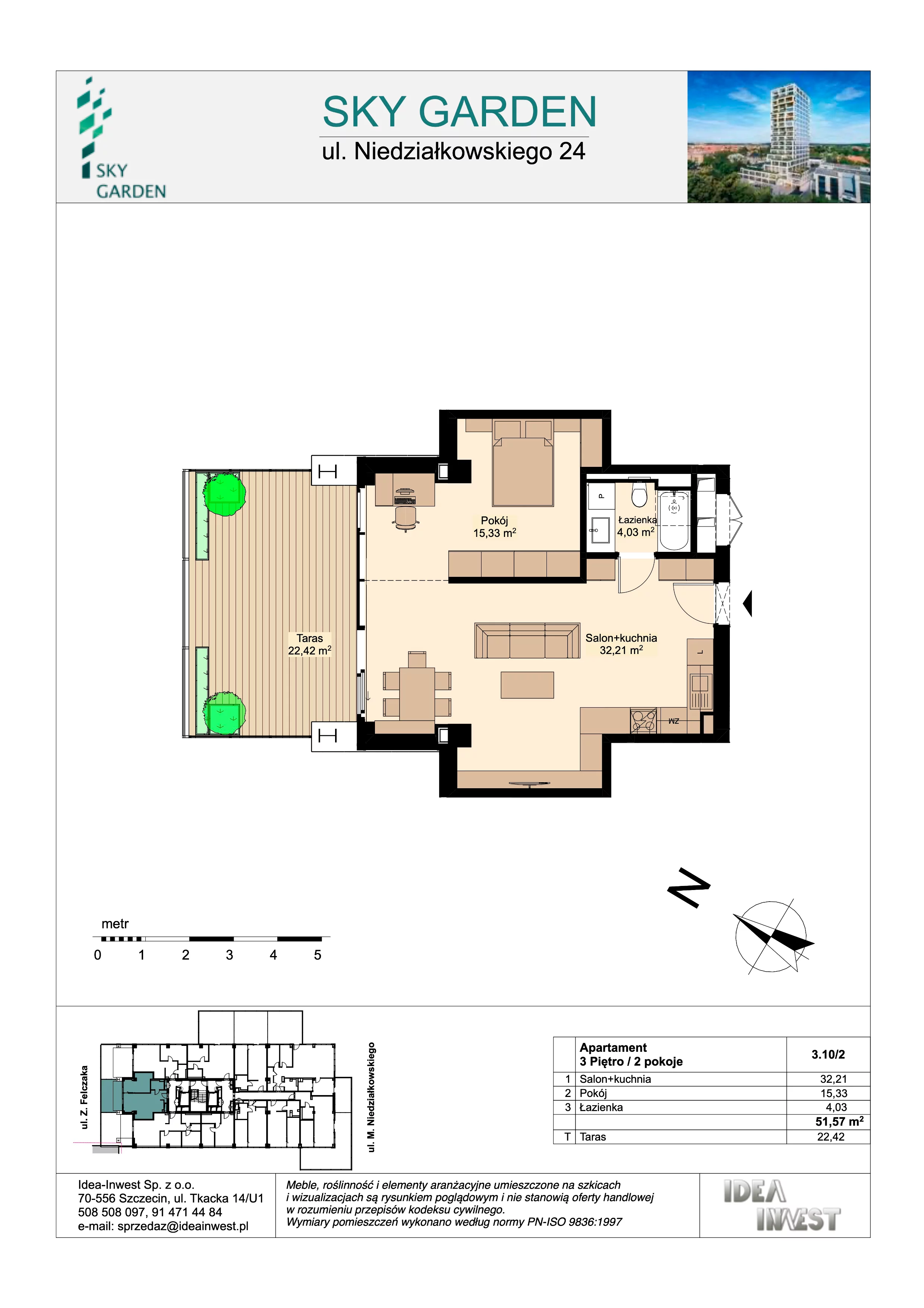 2 pokoje, mieszkanie 51,57 m², piętro 3, oferta nr 3.10/2, Sky Garden, Szczecin, Śródmieście, ul. Niedziałkowskiego 24
