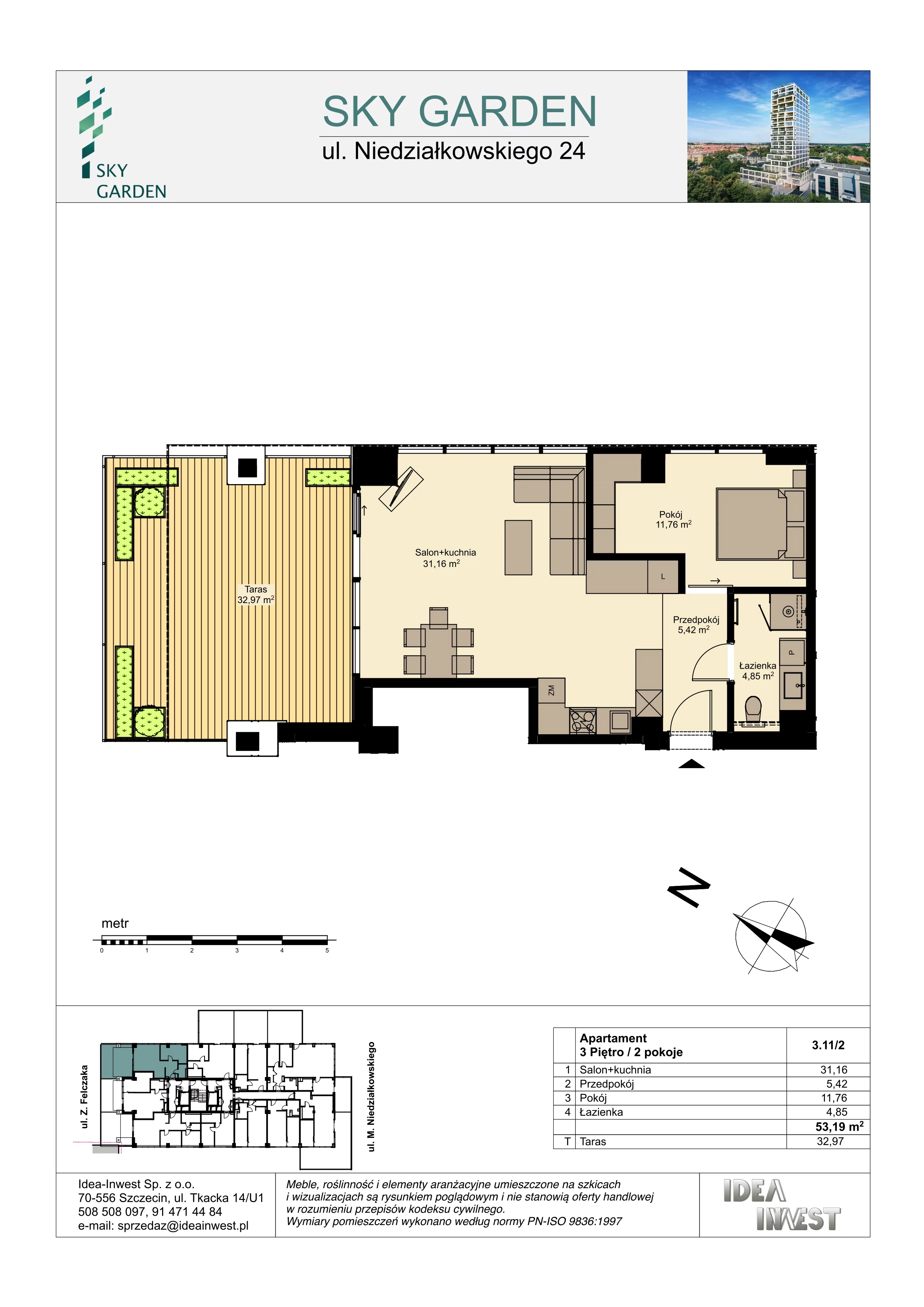 2 pokoje, mieszkanie 53,19 m², piętro 3, oferta nr 3.11/2, Sky Garden, Szczecin, Śródmieście, ul. Niedziałkowskiego 24