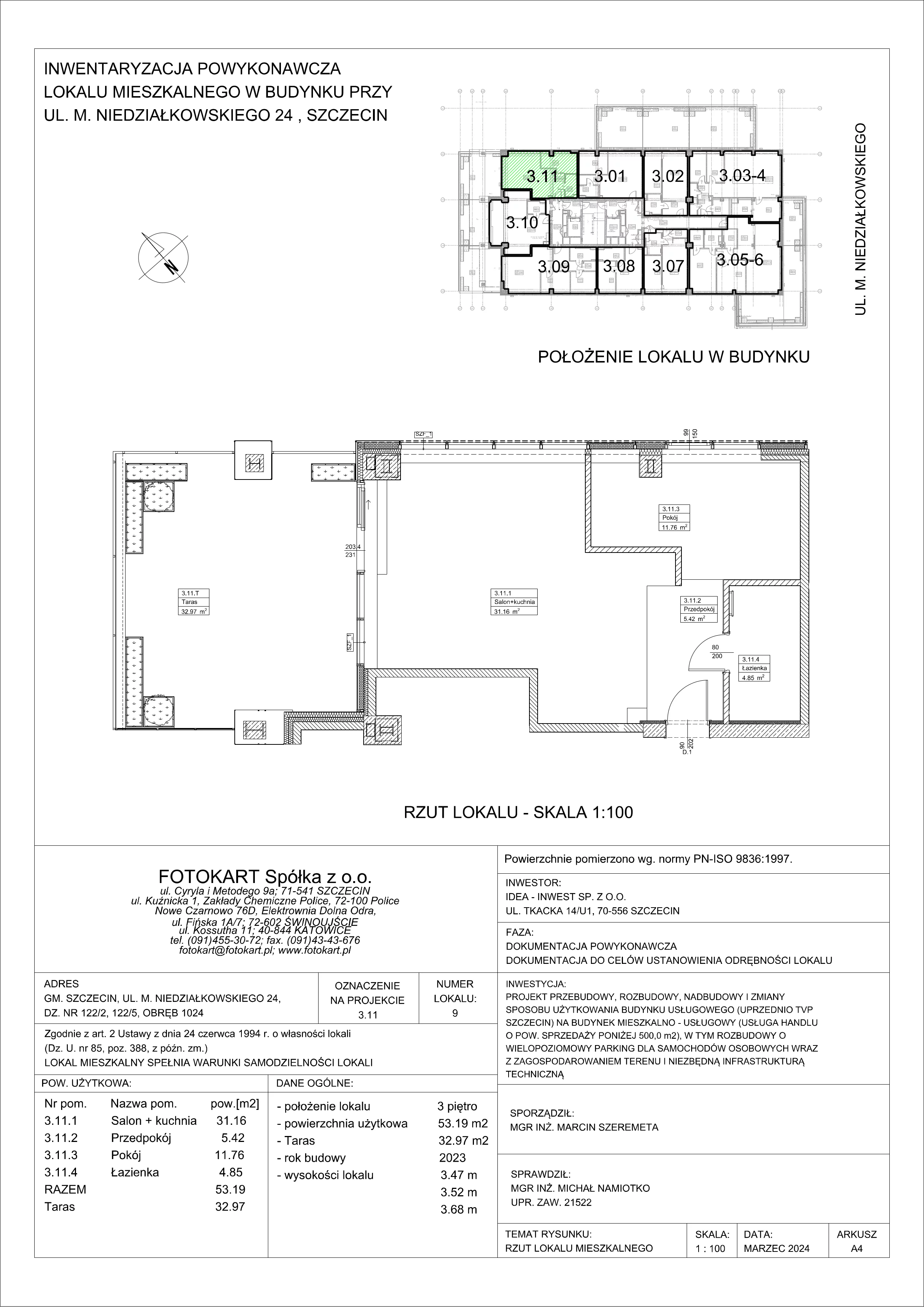 2 pokoje, mieszkanie 53,19 m², piętro 3, oferta nr 3.11/2, Sky Garden, Szczecin, Śródmieście, ul. Niedziałkowskiego 24