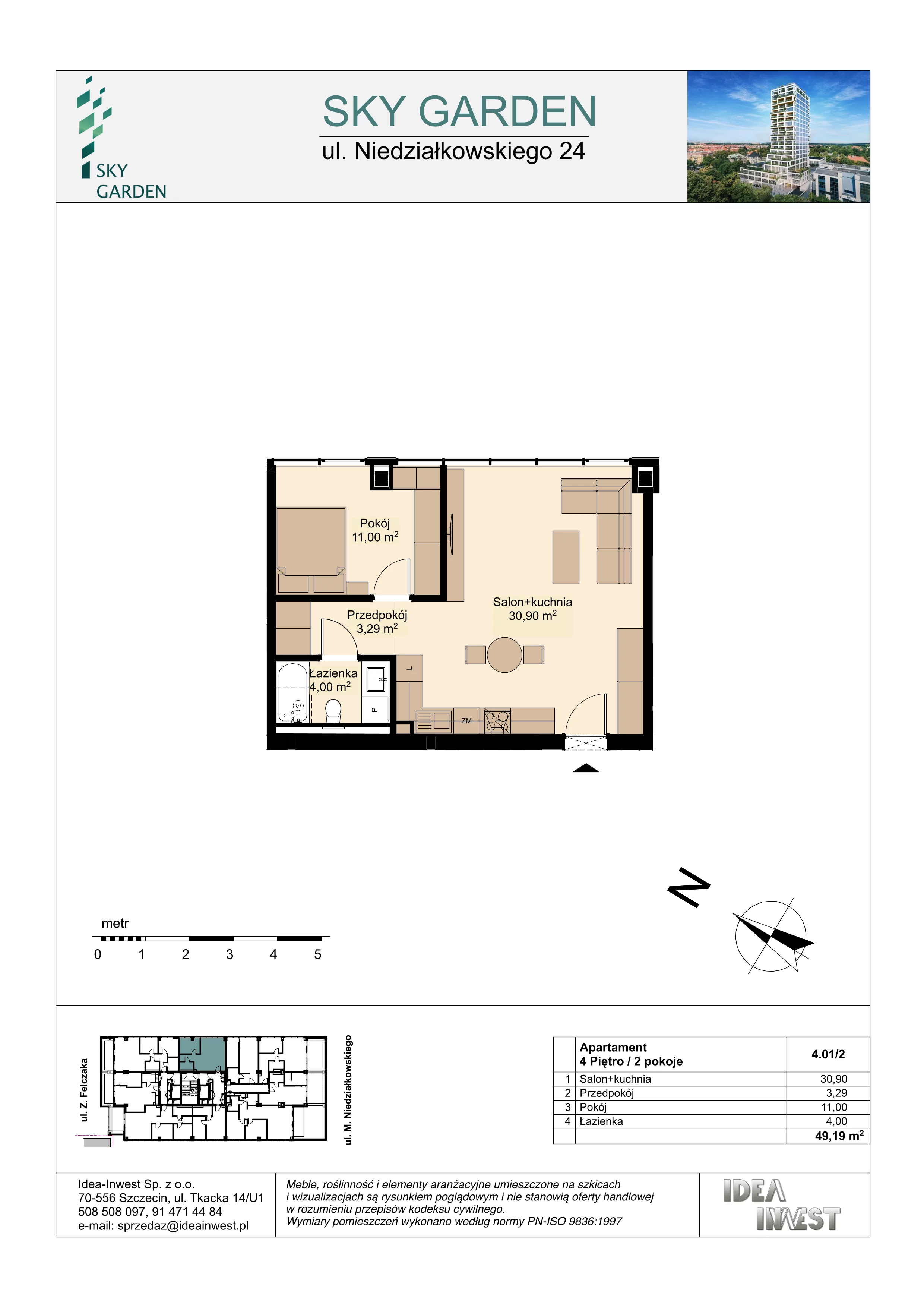 2 pokoje, mieszkanie 49,19 m², piętro 4, oferta nr 4.01/2, Sky Garden, Szczecin, Śródmieście, ul. Niedziałkowskiego 24