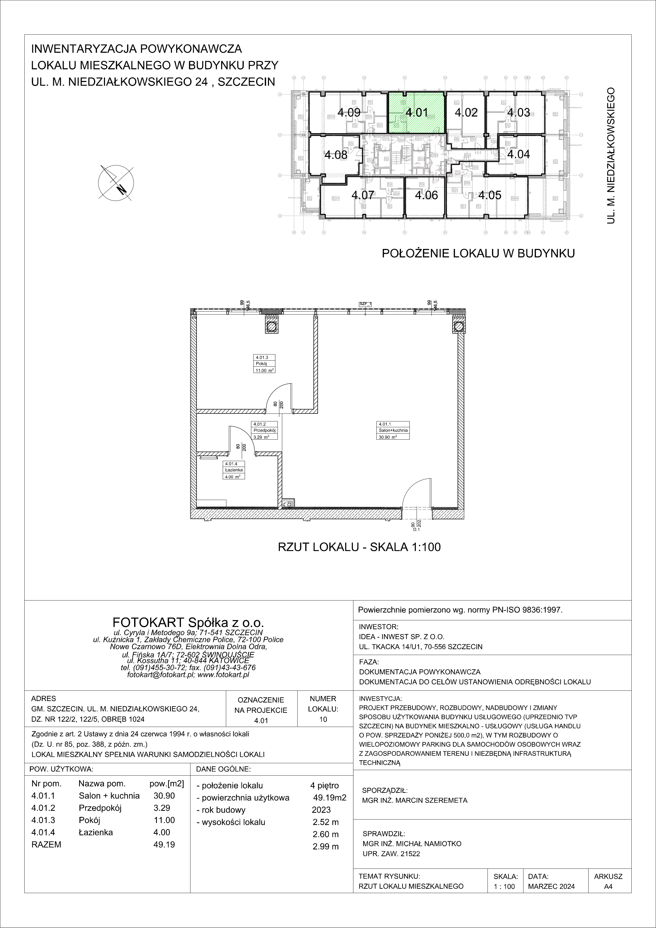 2 pokoje, mieszkanie 49,19 m², piętro 4, oferta nr 4.01/2, Sky Garden, Szczecin, Śródmieście, ul. Niedziałkowskiego 24