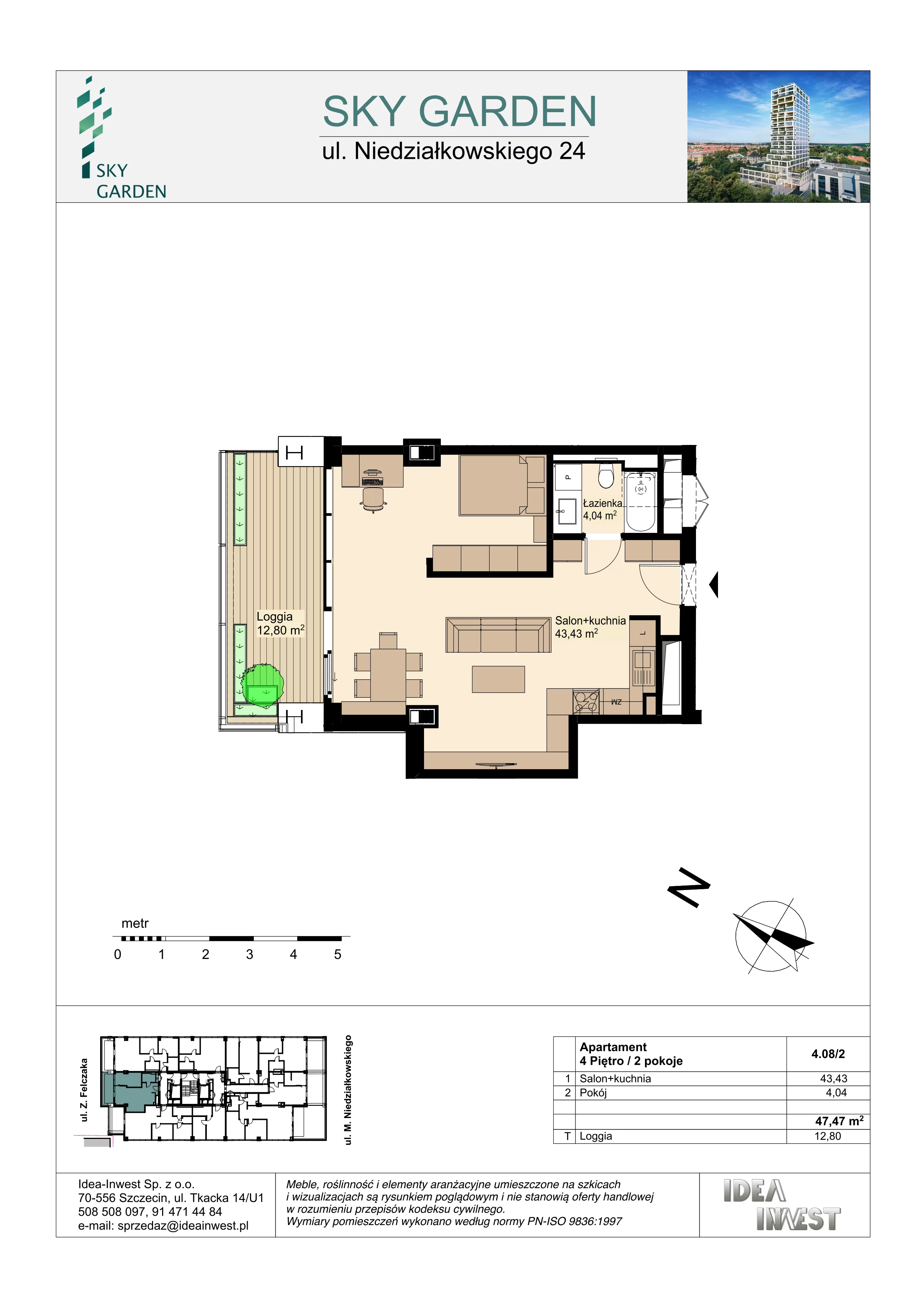 2 pokoje, mieszkanie 47,47 m², piętro 4, oferta nr 4.08/2, Sky Garden, Szczecin, Śródmieście, ul. Niedziałkowskiego 24