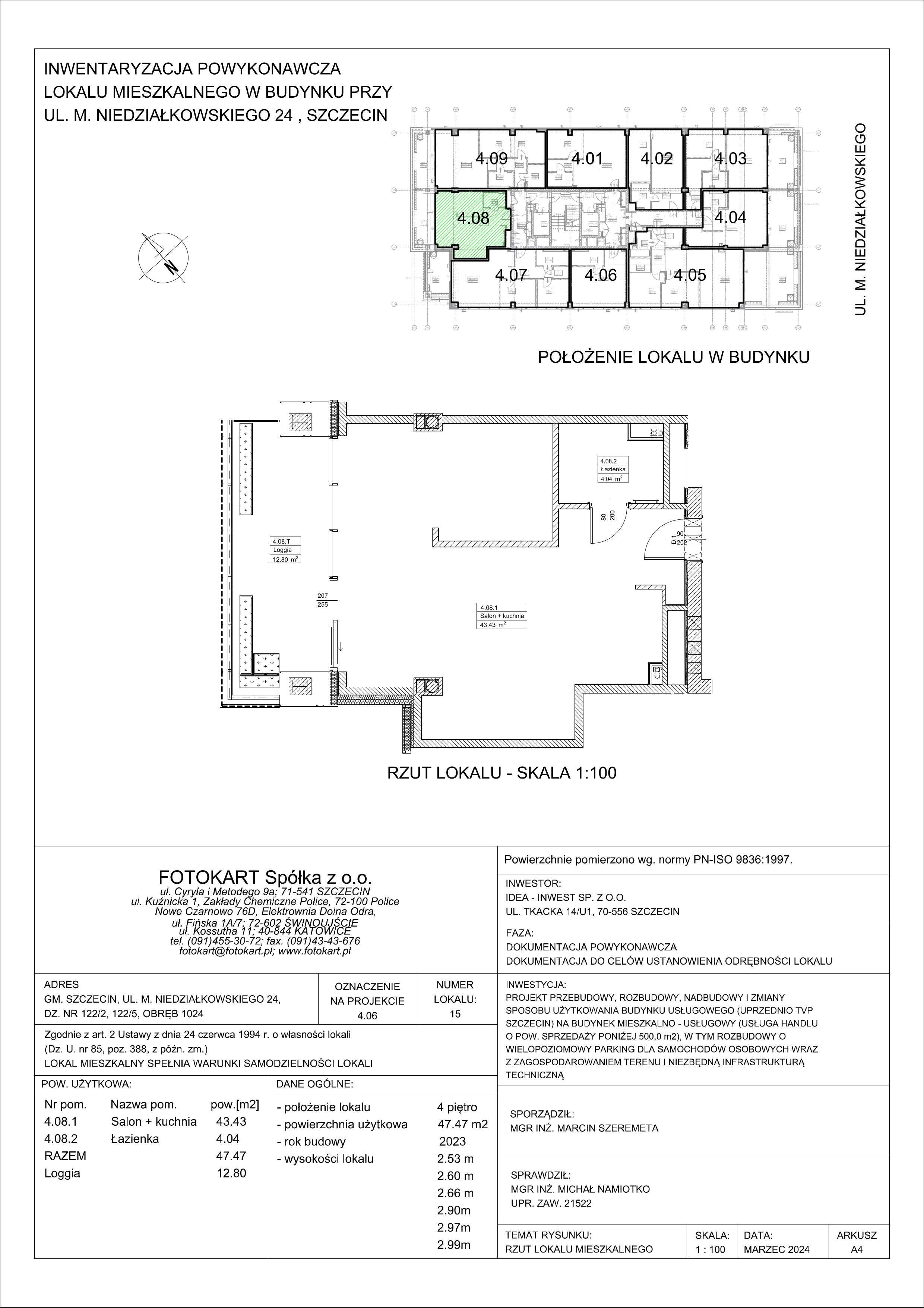 2 pokoje, mieszkanie 47,47 m², piętro 4, oferta nr 4.08/2, Sky Garden, Szczecin, Śródmieście, ul. Niedziałkowskiego 24