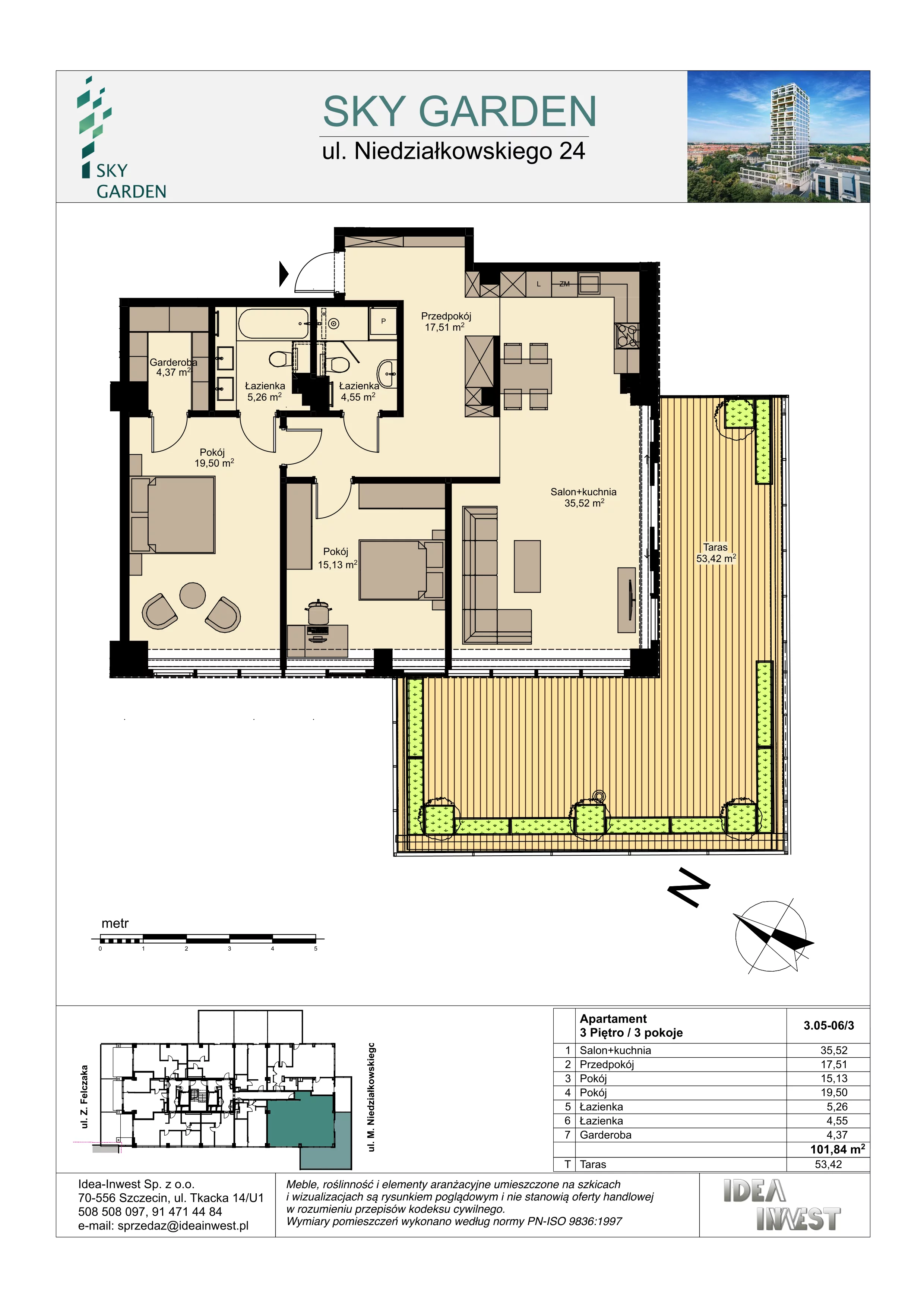 3 pokoje, mieszkanie 101,84 m², piętro 3, oferta nr 3.05- 06, Sky Garden, Szczecin, Śródmieście, ul. Niedziałkowskiego 24
