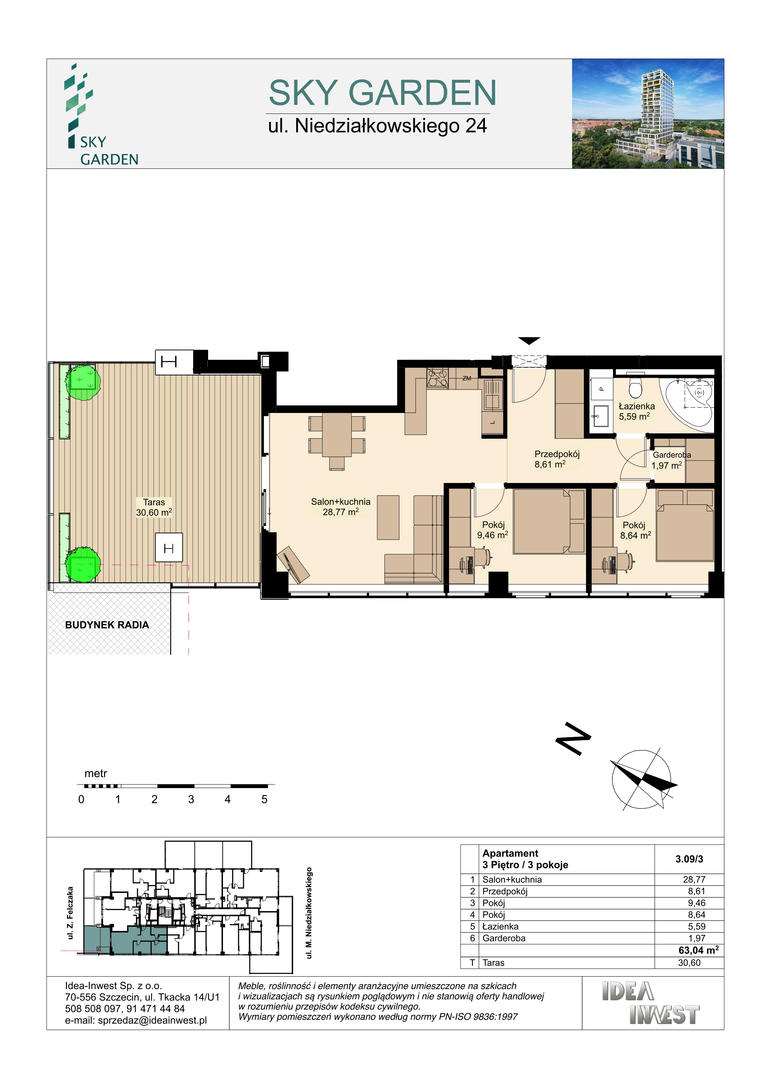 3 pokoje, mieszkanie 63,04 m², piętro 3, oferta nr 3.09/3, Sky Garden, Szczecin, Śródmieście, ul. Niedziałkowskiego 24