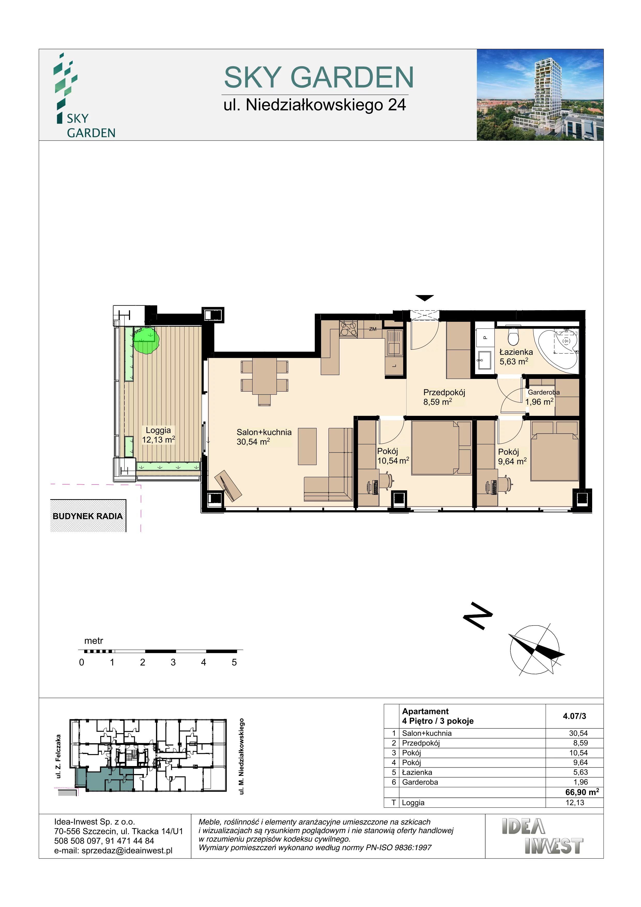 3 pokoje, mieszkanie 66,90 m², piętro 4, oferta nr 4.07/3, Sky Garden, Szczecin, Śródmieście, ul. Niedziałkowskiego 24