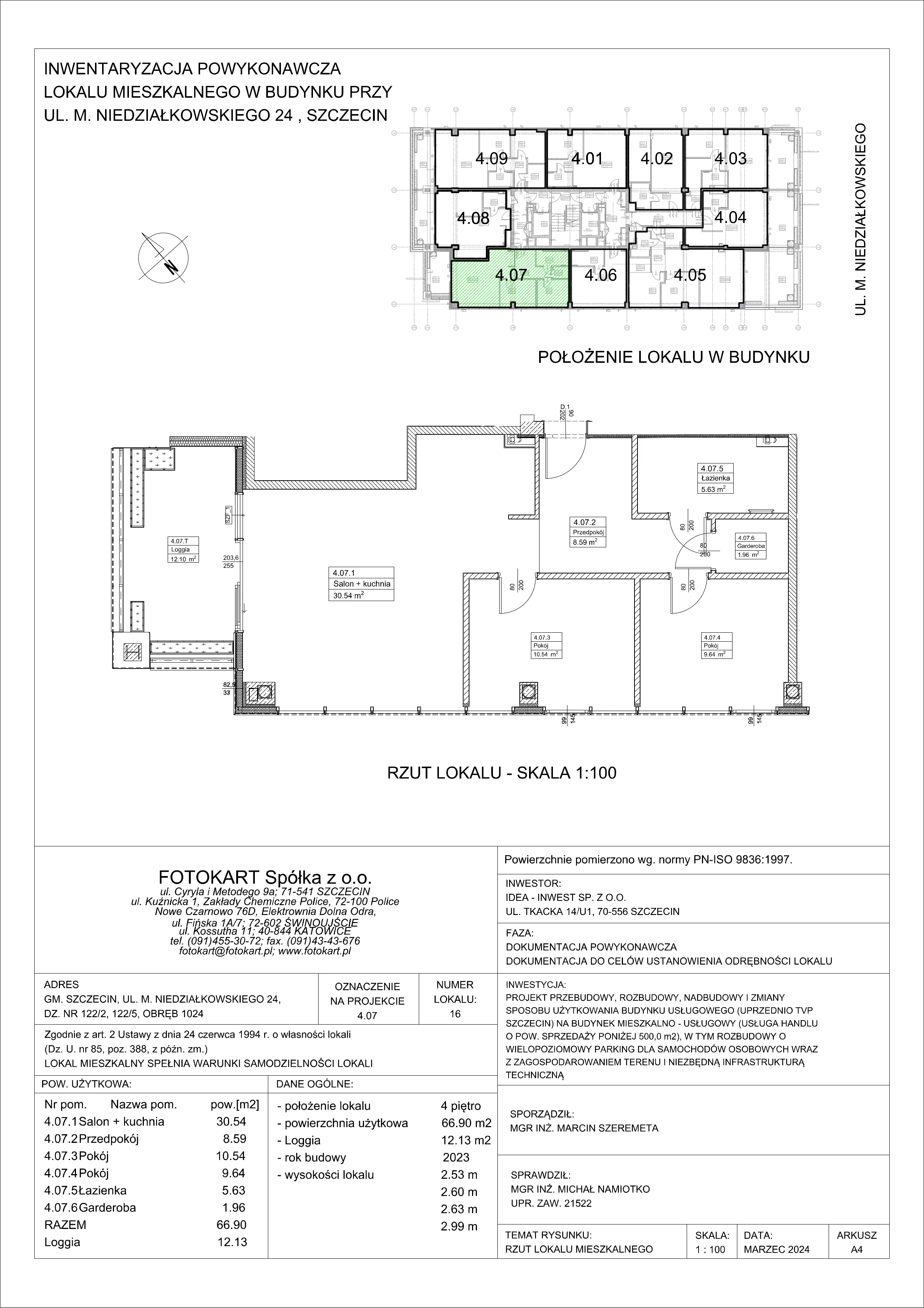 3 pokoje, mieszkanie 66,90 m², piętro 4, oferta nr 4.07/3, Sky Garden, Szczecin, Śródmieście, ul. Niedziałkowskiego 24