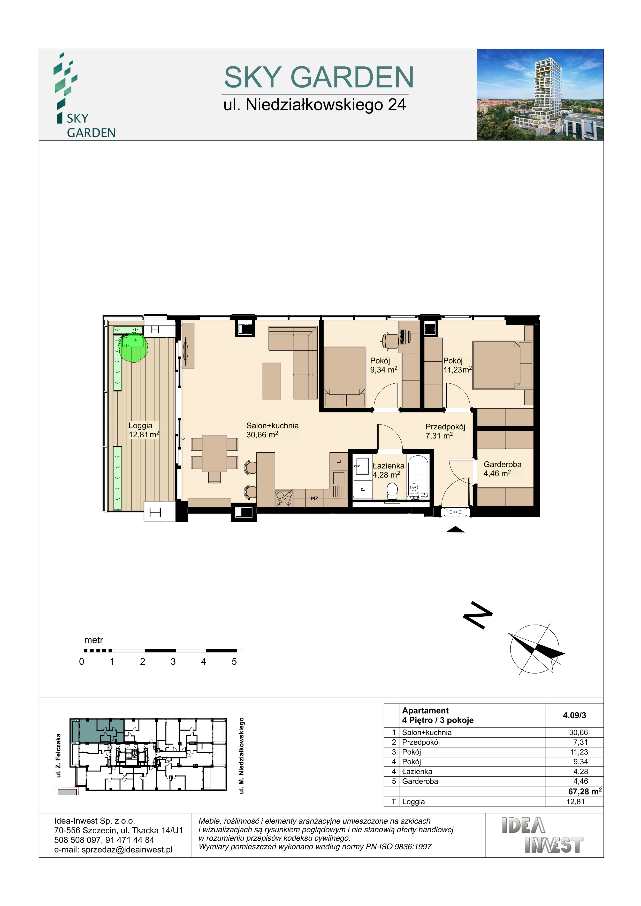 3 pokoje, mieszkanie 67,28 m², piętro 4, oferta nr 4.09/3, Sky Garden, Szczecin, Śródmieście, ul. Niedziałkowskiego 24