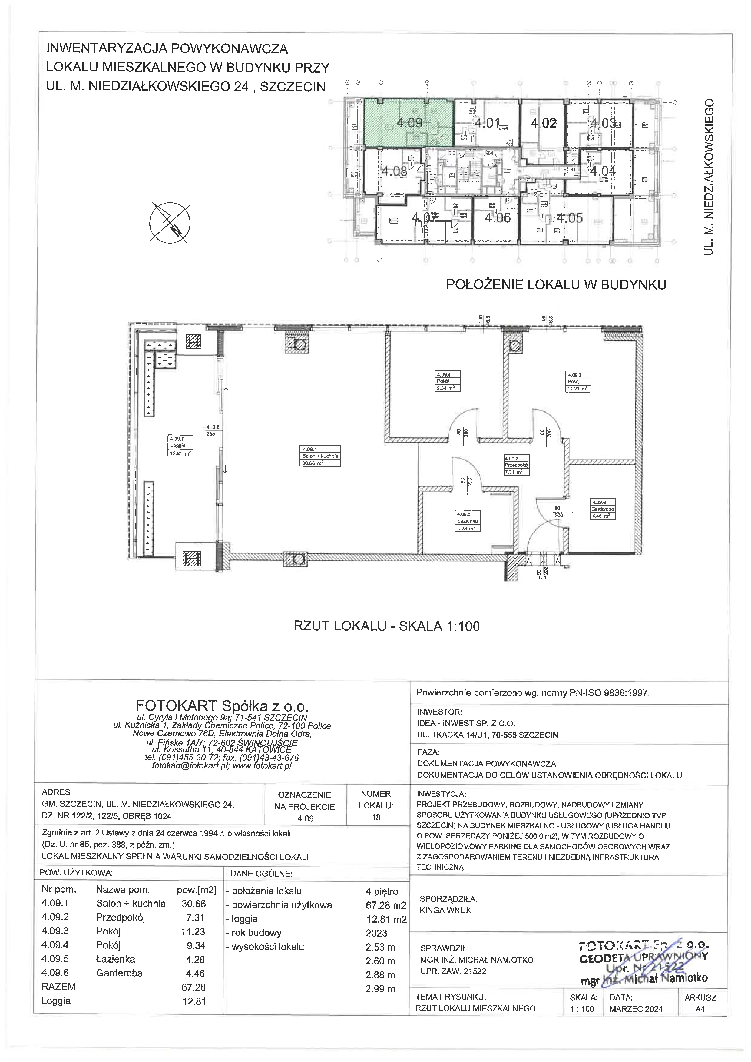 3 pokoje, mieszkanie 67,28 m², piętro 4, oferta nr 4.09/3, Sky Garden, Szczecin, Śródmieście, ul. Niedziałkowskiego 24