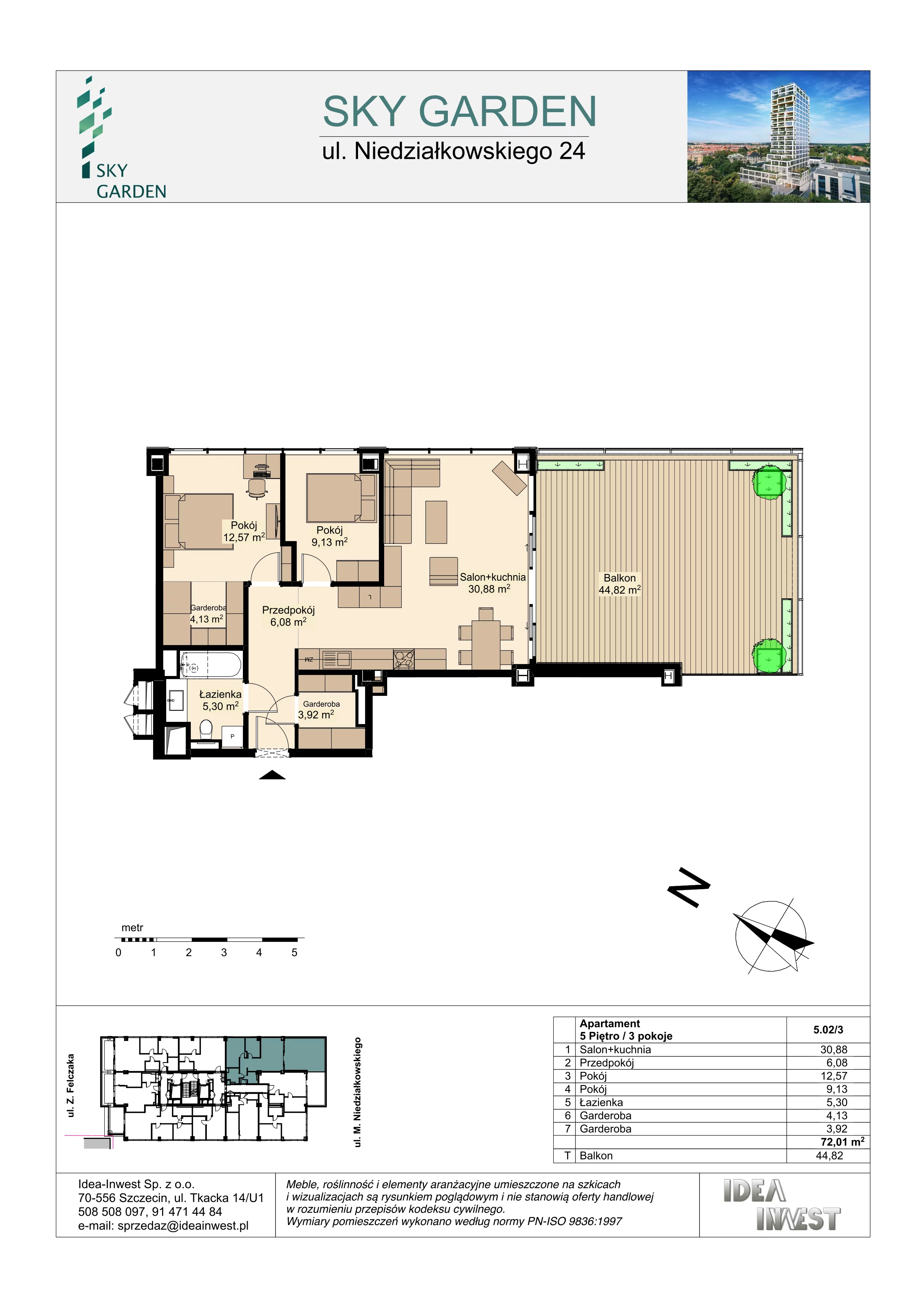 3 pokoje, mieszkanie 72,01 m², piętro 5, oferta nr 5.02/3, Sky Garden, Szczecin, Śródmieście, ul. Niedziałkowskiego 24