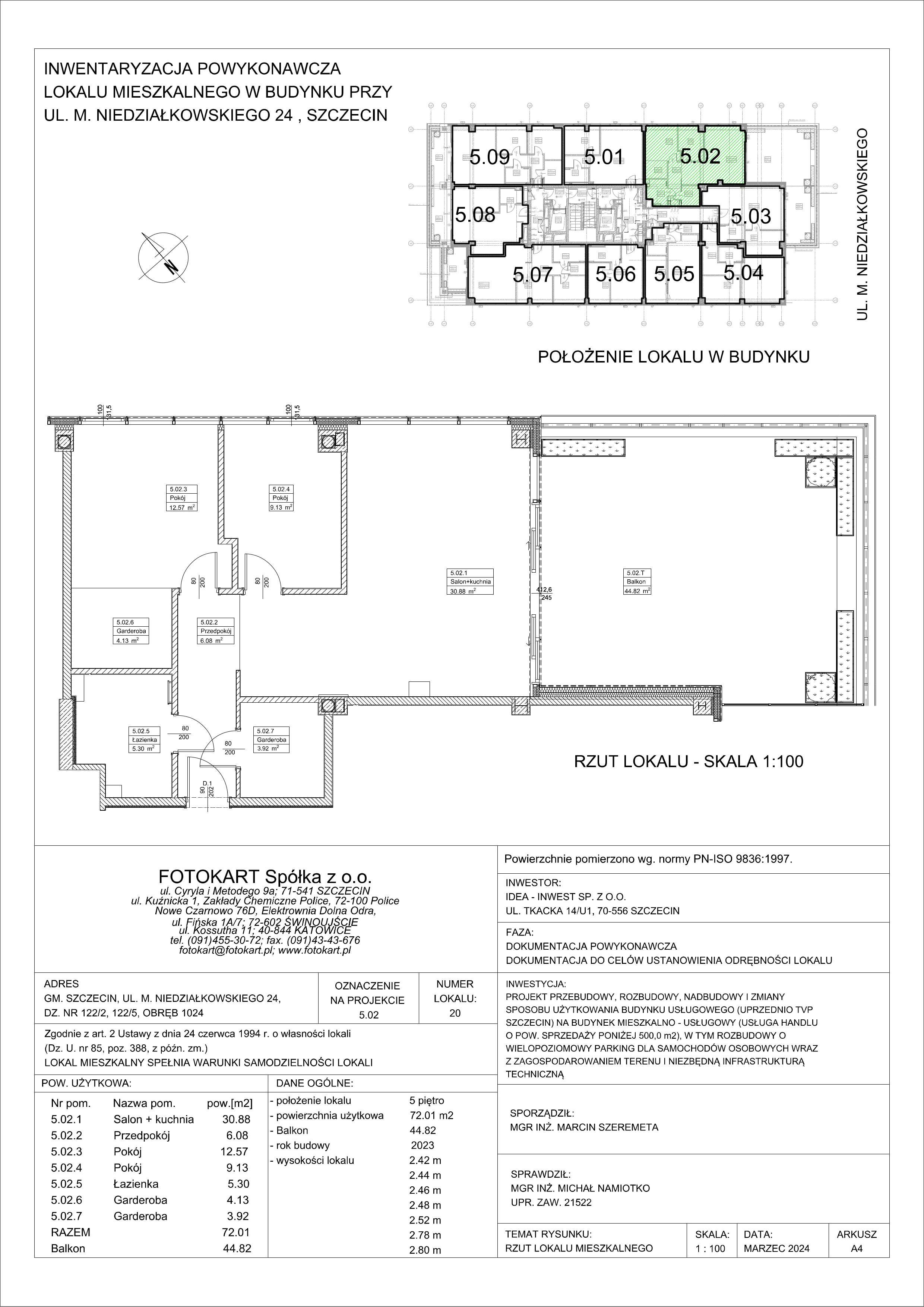 3 pokoje, mieszkanie 72,01 m², piętro 5, oferta nr 5.02/3, Sky Garden, Szczecin, Śródmieście, ul. Niedziałkowskiego 24