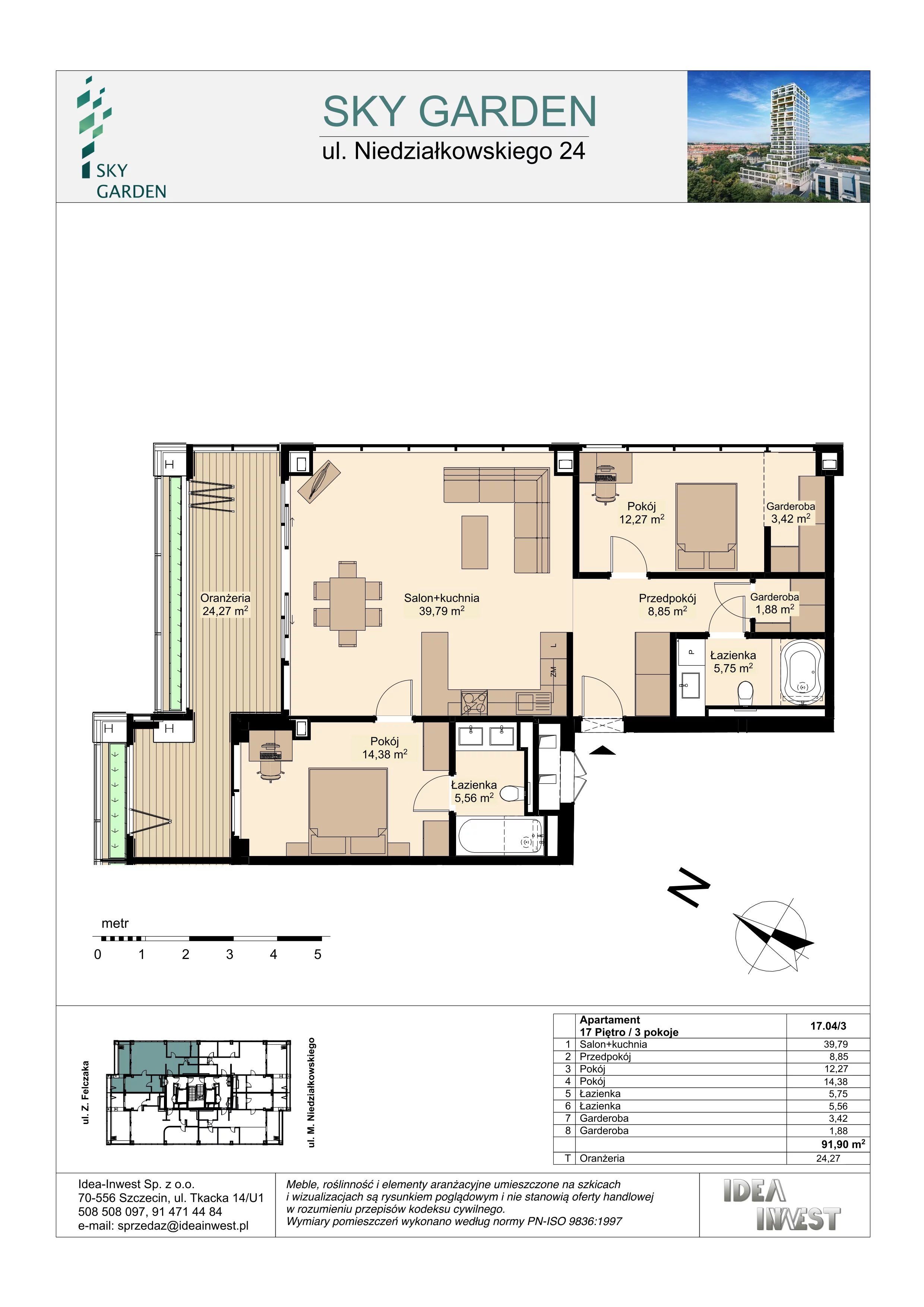 3 pokoje, mieszkanie 91,90 m², piętro 17, oferta nr 17.04/3, Sky Garden, Szczecin, Śródmieście, ul. Niedziałkowskiego 24