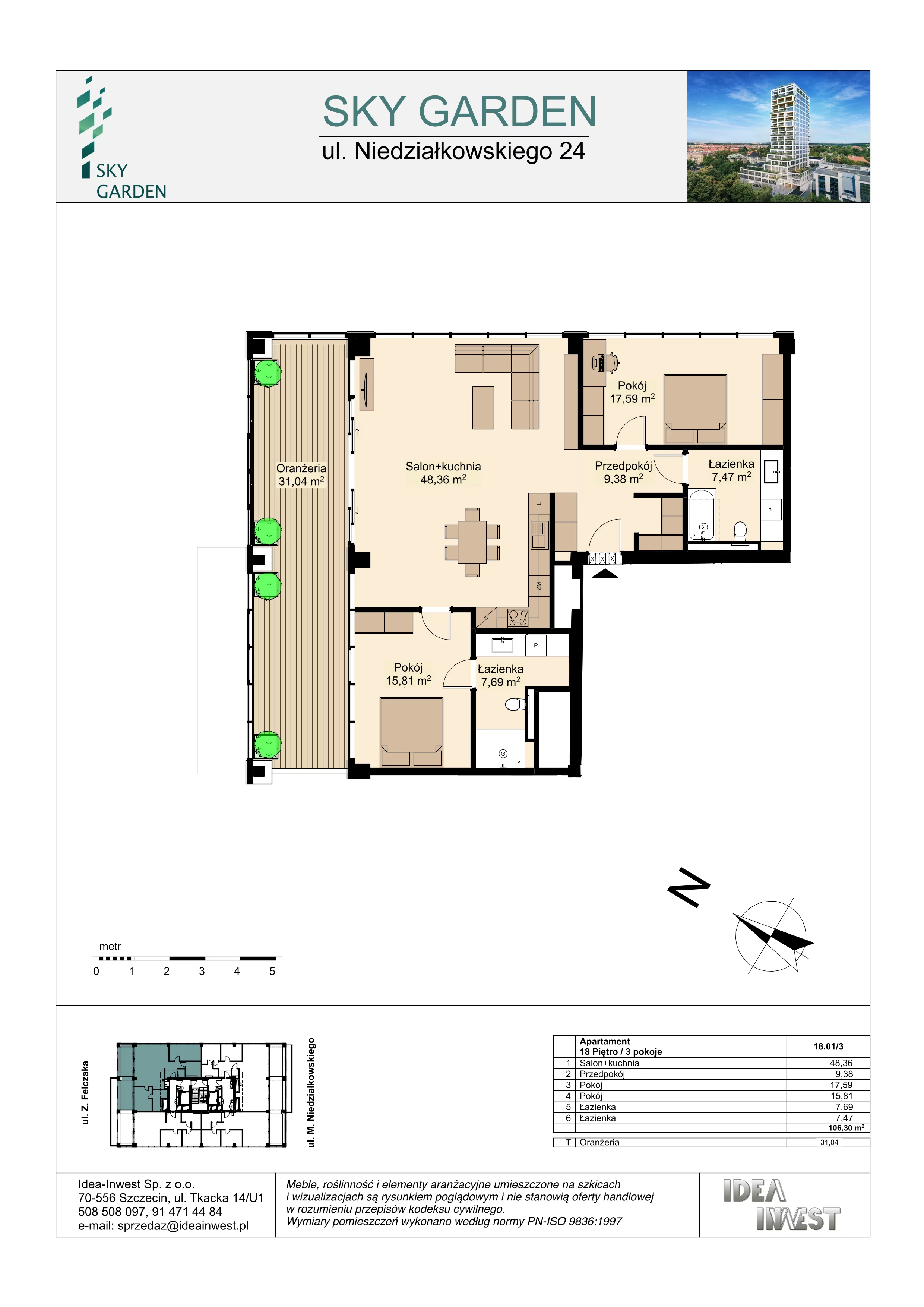3 pokoje, mieszkanie 106,30 m², piętro 18, oferta nr 18.01/3, Sky Garden, Szczecin, Śródmieście, ul. Niedziałkowskiego 24