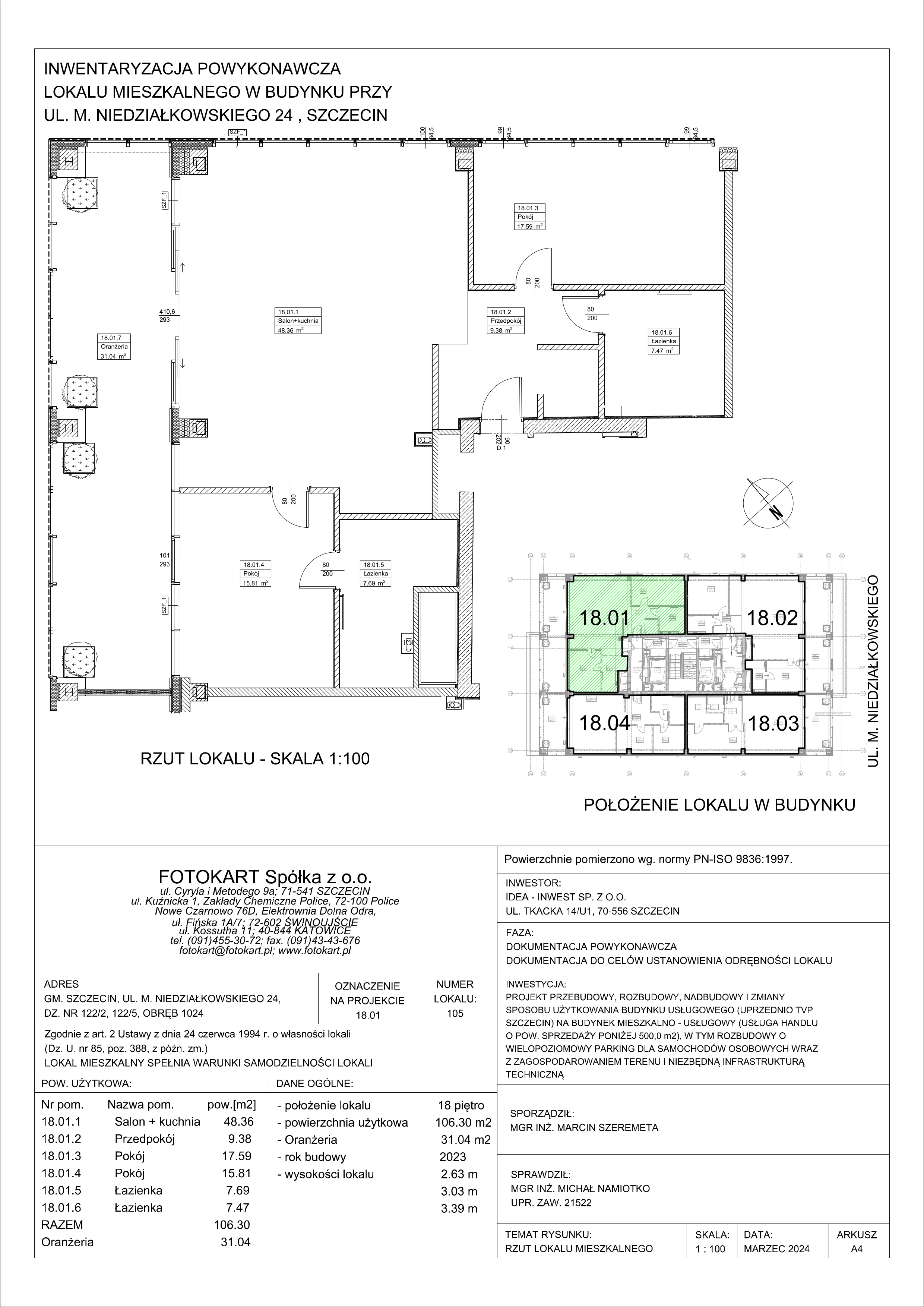 3 pokoje, mieszkanie 106,30 m², piętro 18, oferta nr 18.01/3, Sky Garden, Szczecin, Śródmieście, ul. Niedziałkowskiego 24
