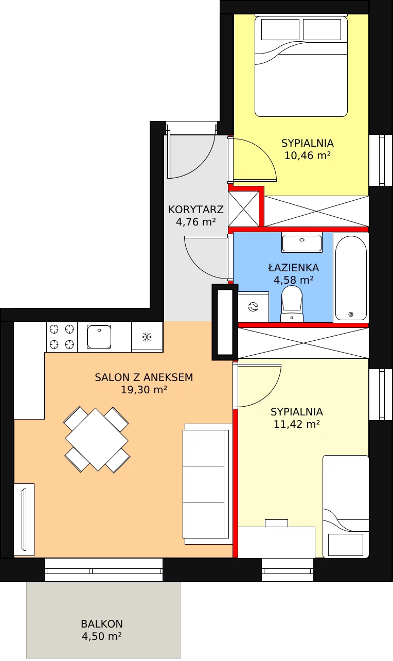 3 pokoje, mieszkanie 50,45 m², piętro 1, oferta nr B6, Rodzinna Malta, Poznań, Warszawskie-Pomet-Maltańskie, Komandoria, ul. Bnińska