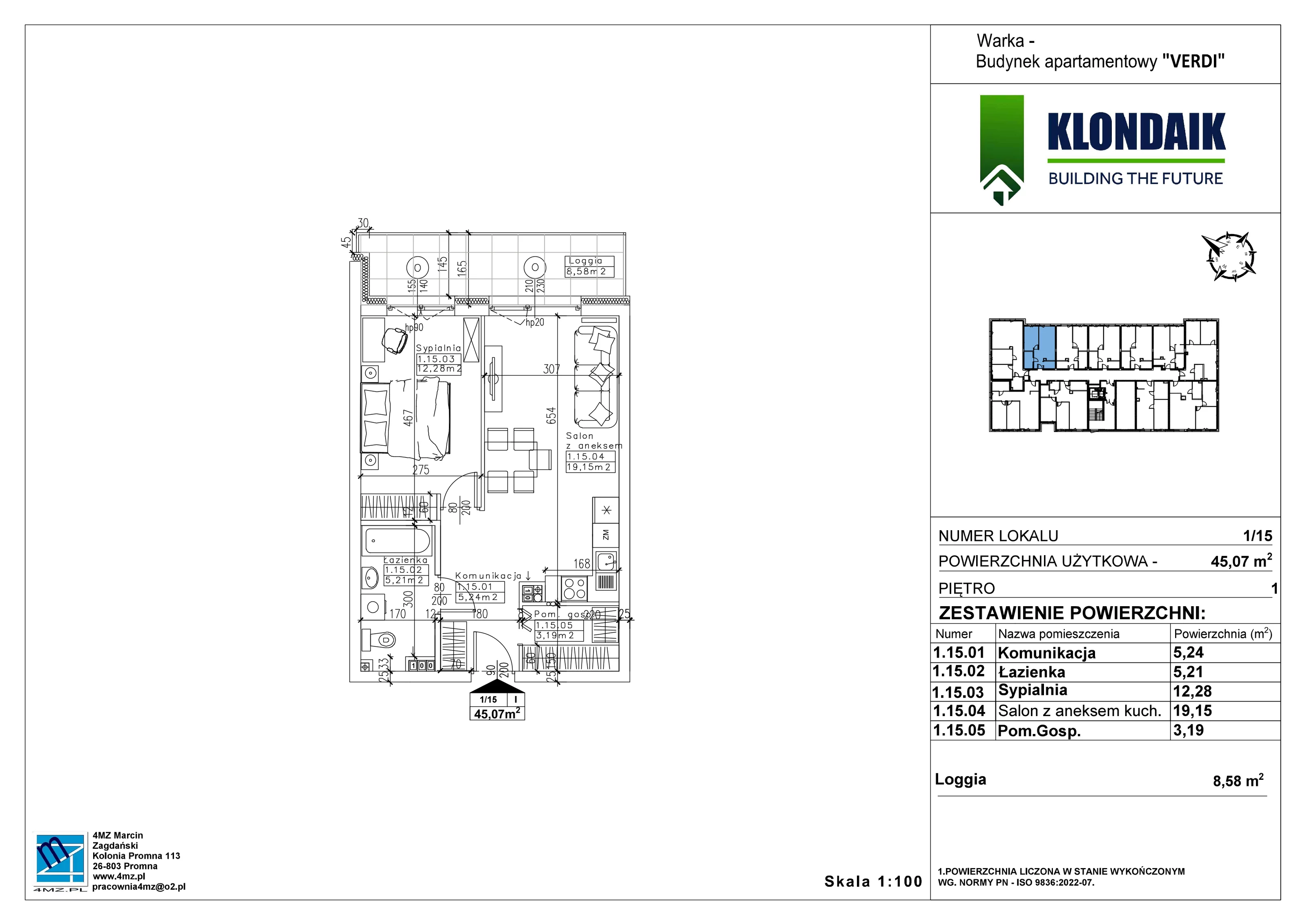 Mieszkanie 45,07 m², piętro 1, oferta nr A/1/15, Verdi, Warka, ul. Armii Krajowej