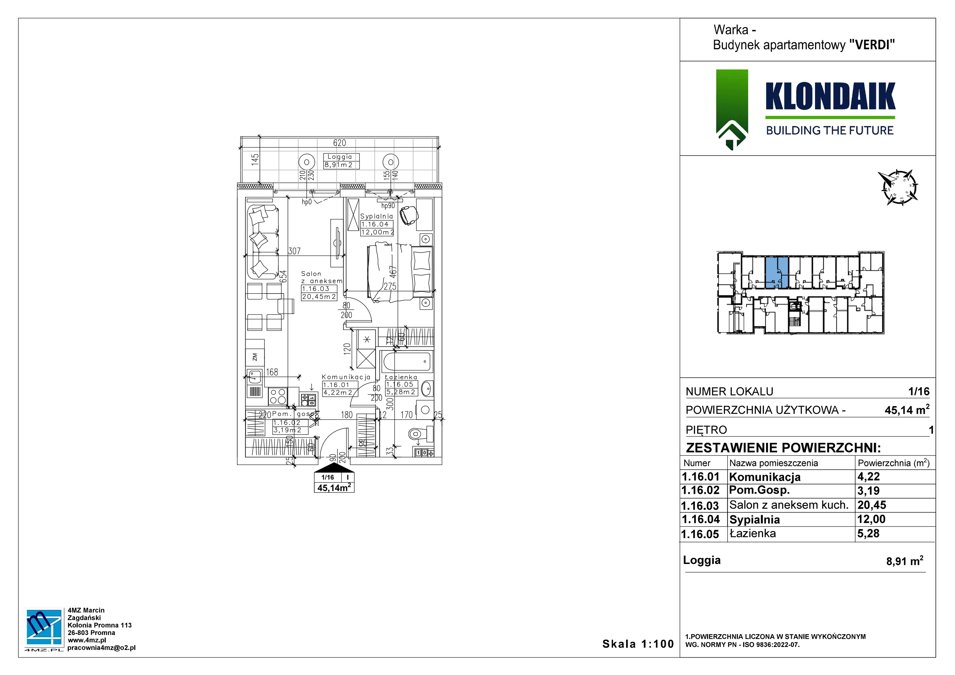 Mieszkanie 45,14 m², piętro 1, oferta nr A/1/16, Verdi, Warka, ul. Armii Krajowej