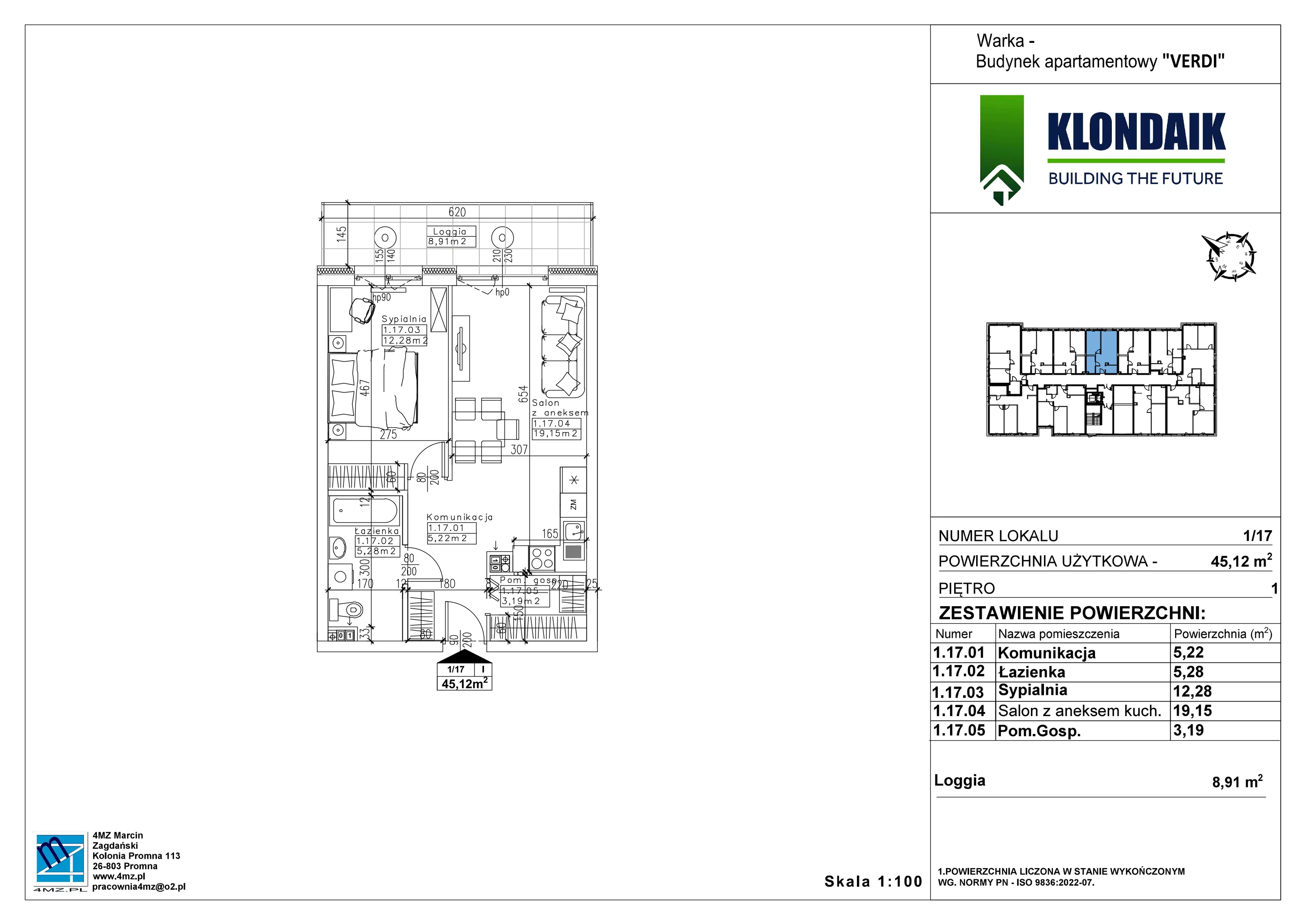 Mieszkanie 45,12 m², piętro 1, oferta nr A/1/17, Verdi, Warka, ul. Armii Krajowej