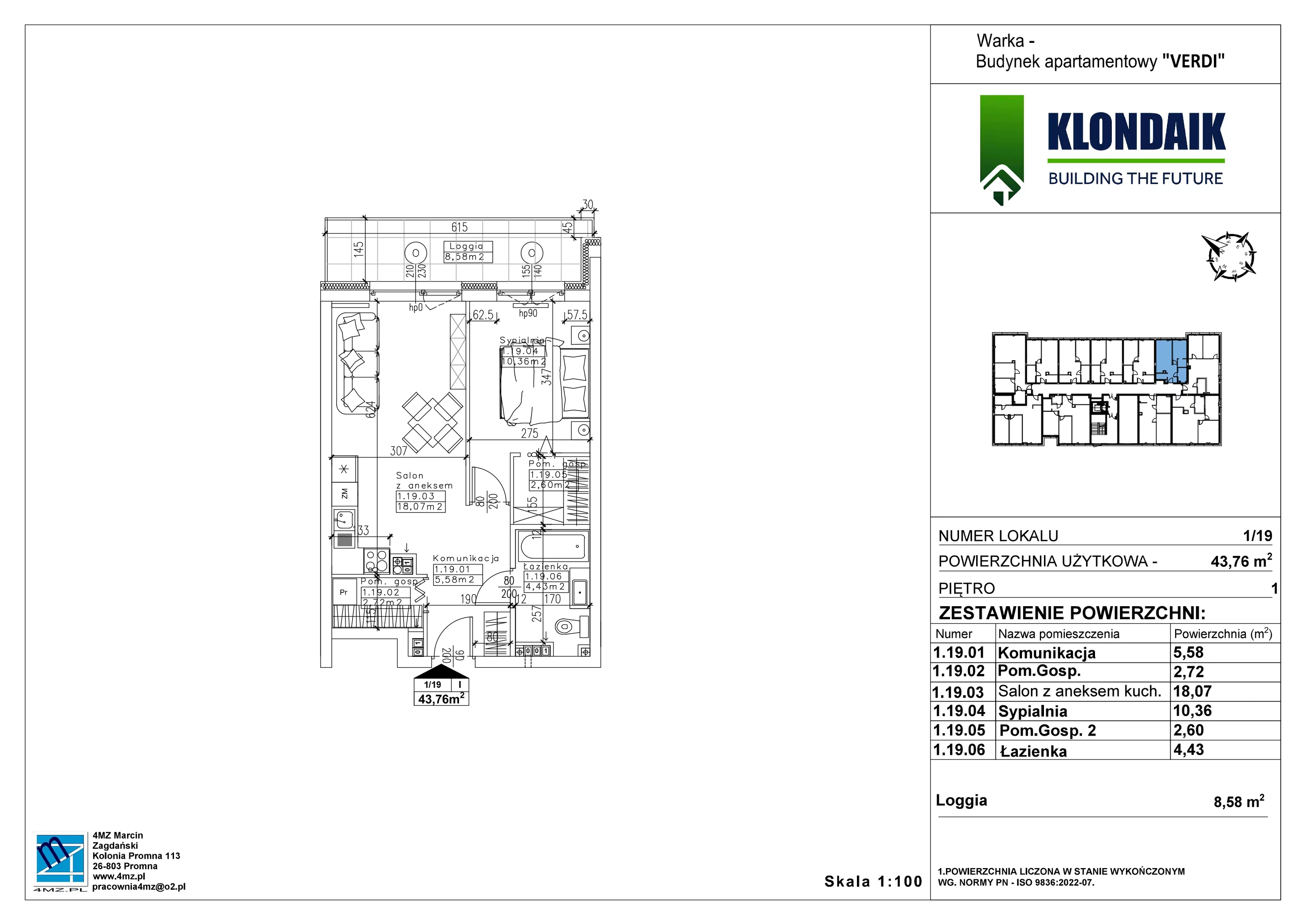 Mieszkanie 43,76 m², piętro 1, oferta nr A/1/19, Verdi, Warka, ul. Armii Krajowej