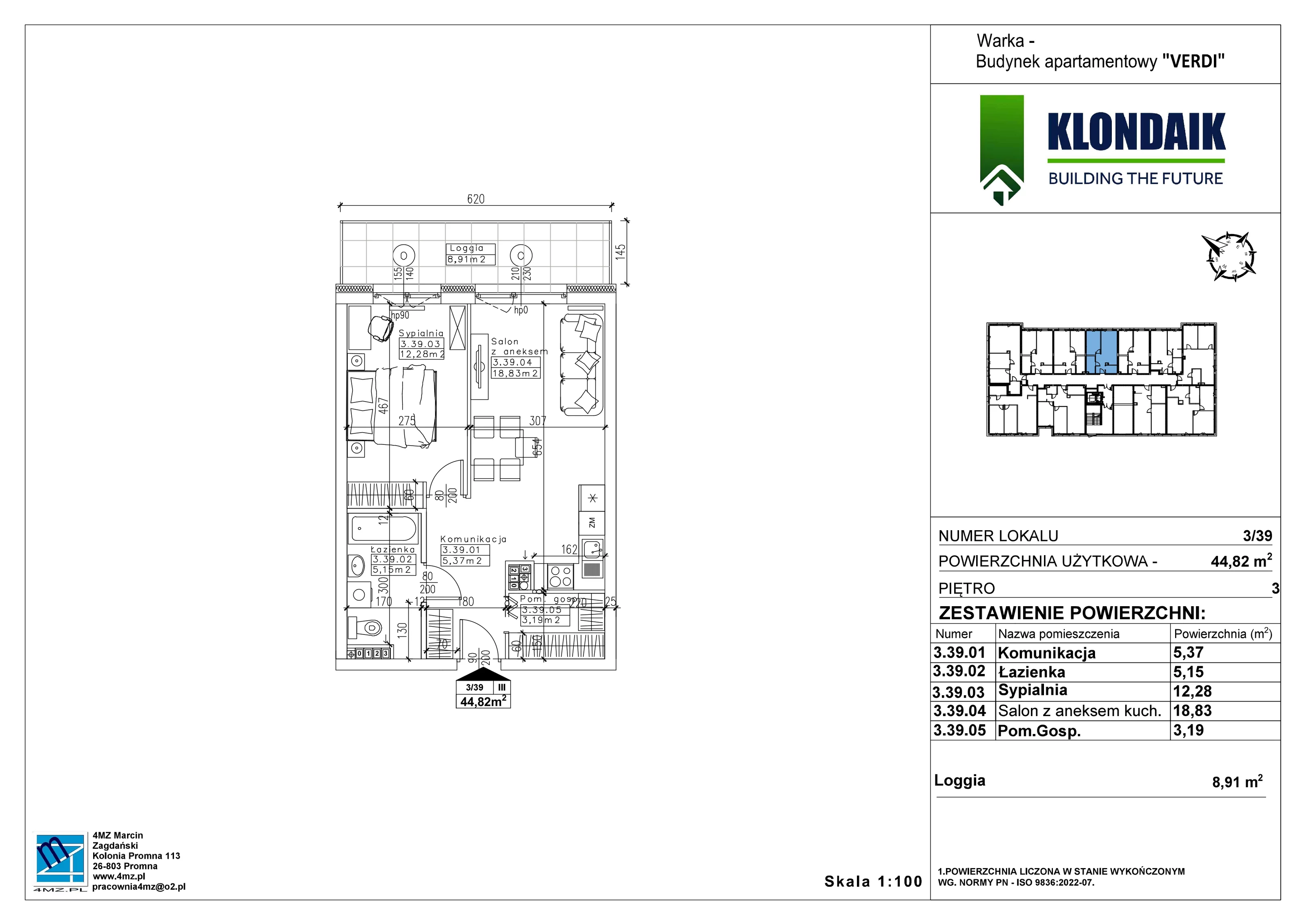 Mieszkanie 44,82 m², piętro 3, oferta nr A/3/39, Verdi, Warka, ul. Armii Krajowej