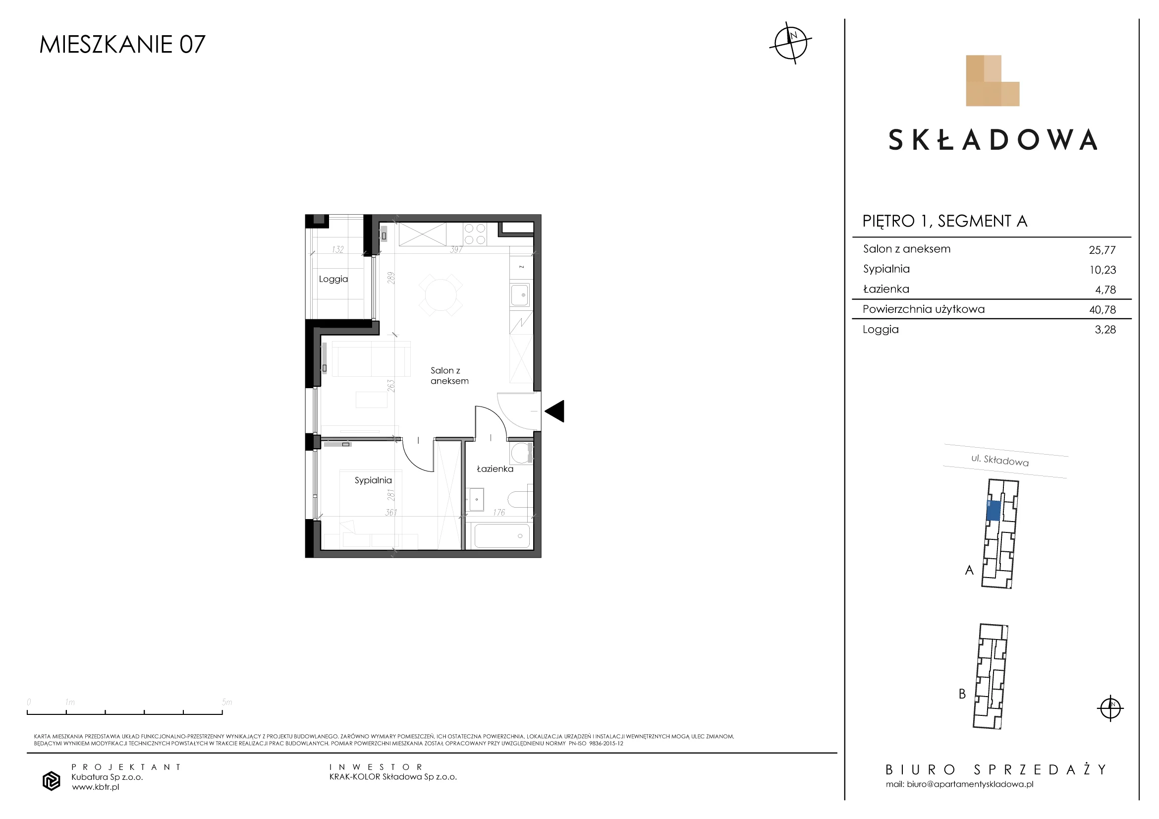 Mieszkanie 40,78 m², piętro 1, oferta nr A07, Apartamenty Składowa, Kraków, Krowodrza, ul. Składowa 22