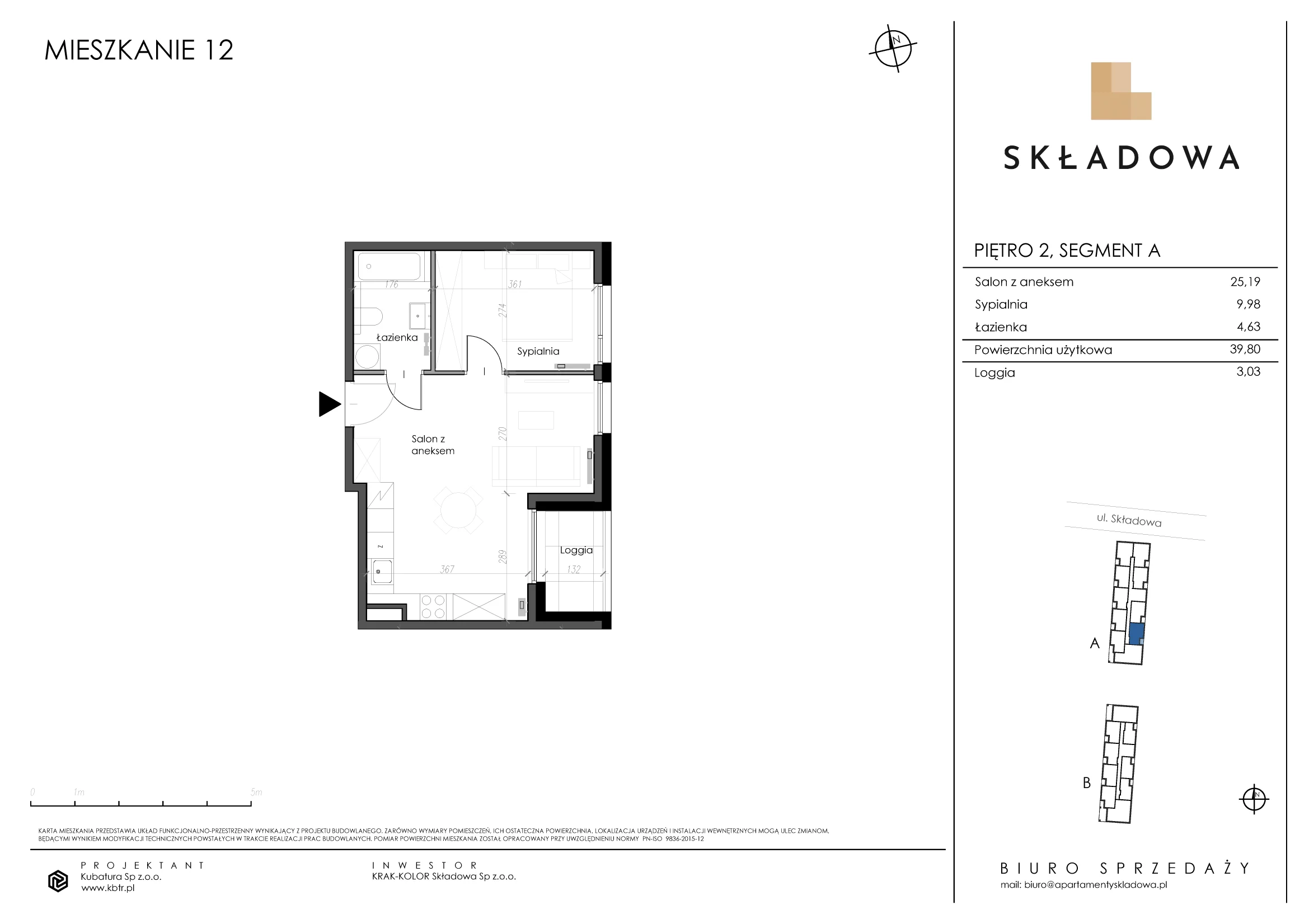 2 pokoje, mieszkanie 39,80 m², piętro 2, oferta nr A12, Apartamenty Składowa, Kraków, Krowodrza, ul. Składowa 22