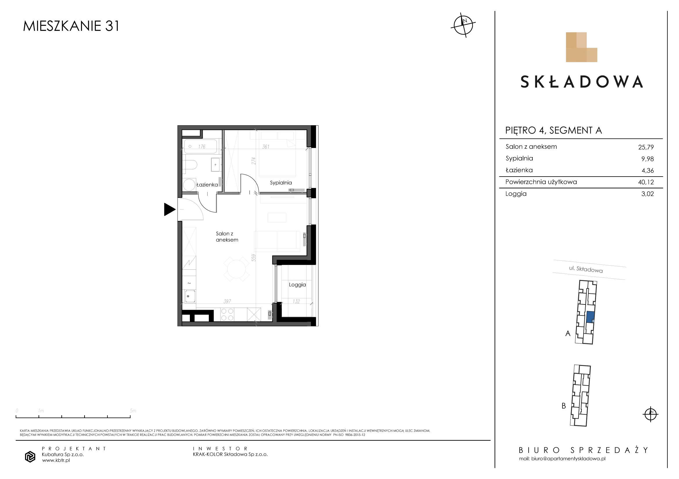 Mieszkanie 40,12 m², piętro 4, oferta nr A31, Apartamenty Składowa, Kraków, Krowodrza, ul. Składowa 22